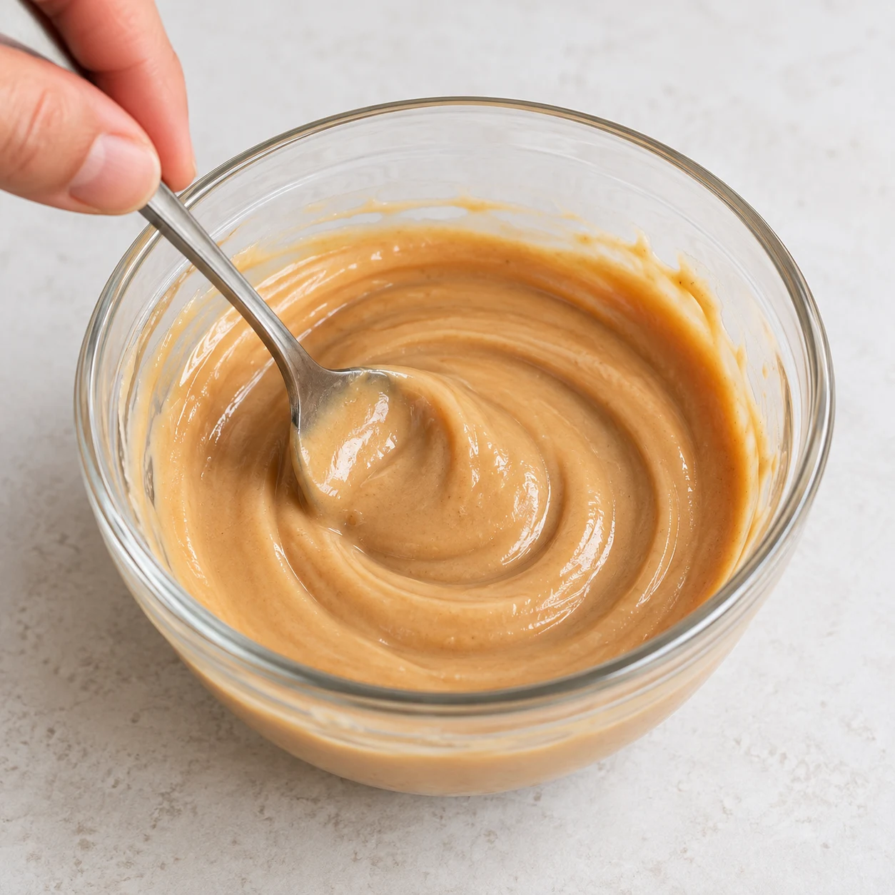 Photographie de cette seule phase : Dans un autre bol, mélanger les 2 cuillères à soupe de beurre de cacahuète, les 2 cuillères à soupe de lait végétal et la cuillère à café de sirop d’érable. État final : La ganache est homogène, lisse et de couleur beige caramel. Recette bis : base à l’avoine crémeuse, sans graines de chia ni poudre protéinée. Référence originale pour le montage, adaptation documentée pour les ingrédients.