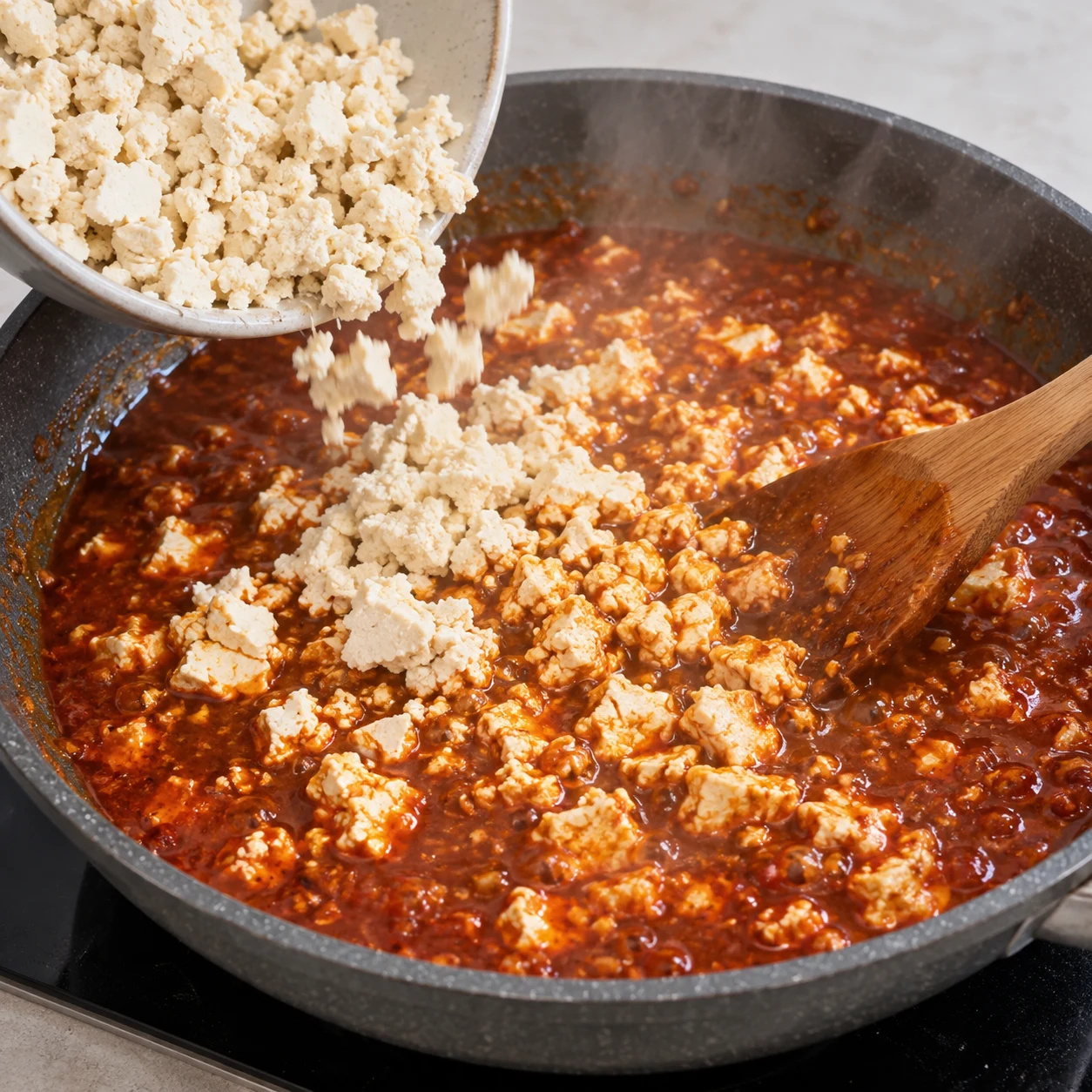 Ajoute les 400 g de tofu émietté à la sauce. Fais frémir en remuant jusqu’à ce que les petits morceaux soient chauds et que la sauce ait légèrement réduit. Une seule phase, sans texte ni personne identifiable. Pour la variante, montrer du tofu émietté et jamais des granulés secs, du doubanjiang ou des baies de Sichuan.