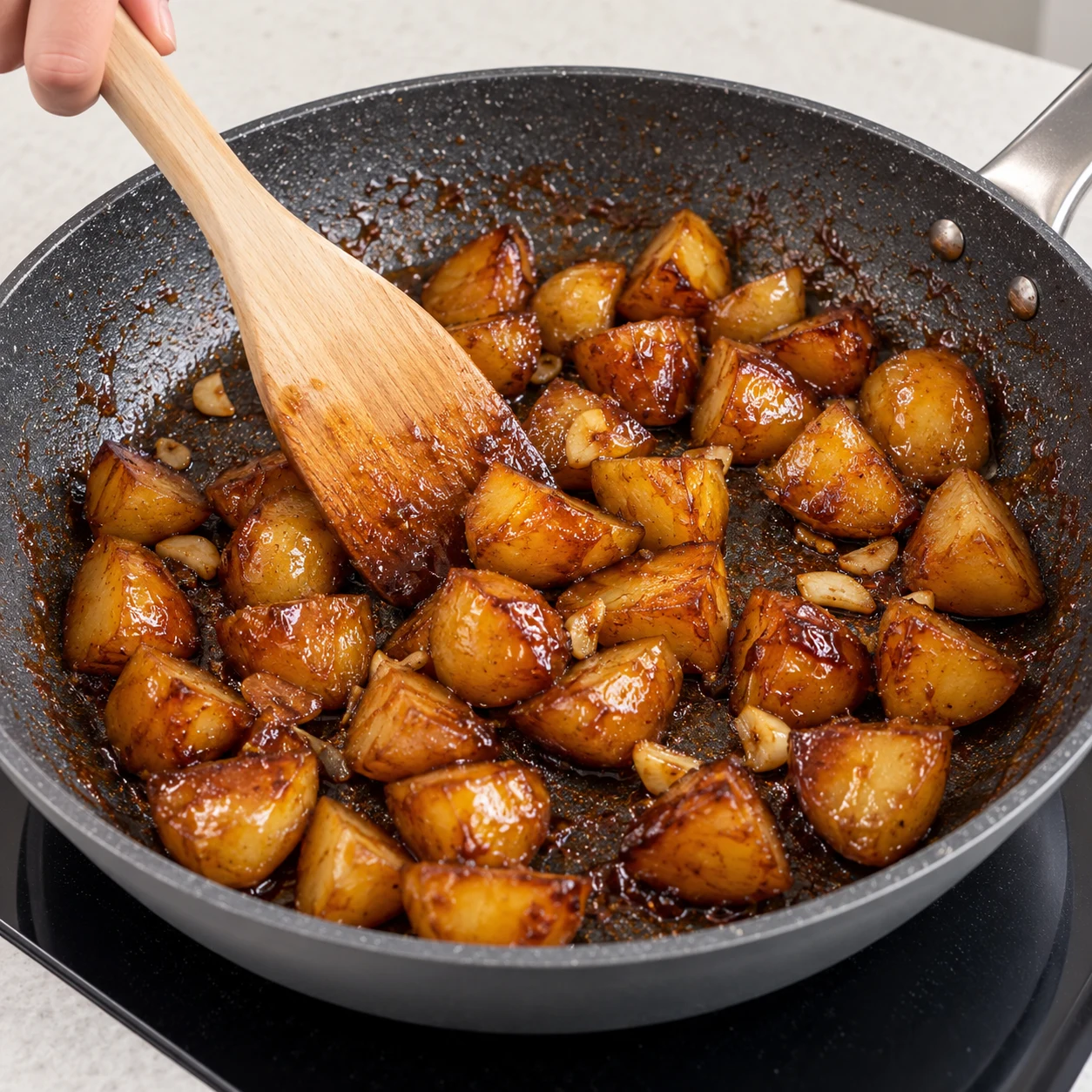 Pommes de terre brunes brillantes glacées, ail, poêle presque sèche, spatule en bois.