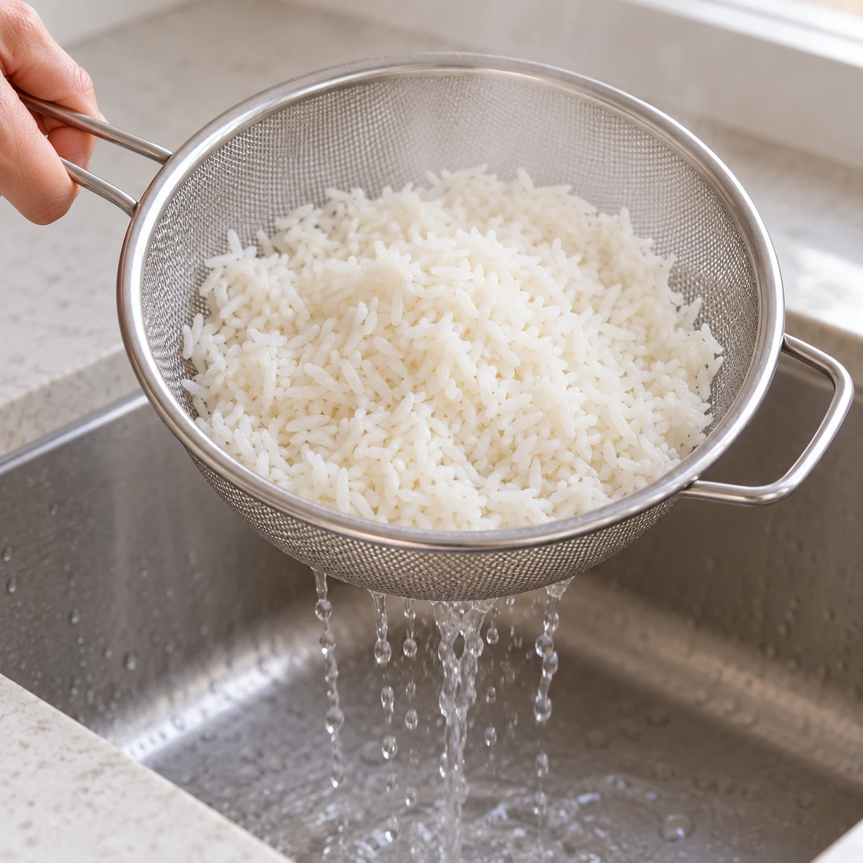 Égoutte le riz cuit dans une passoire.