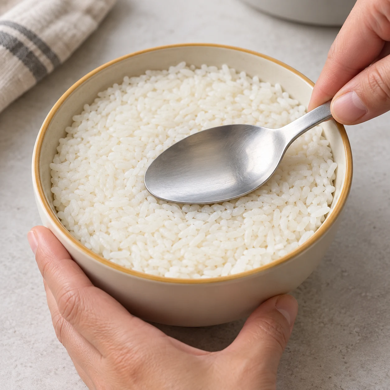 Dos d’une cuillère tassant le riz blanc dans un bol rempli.
