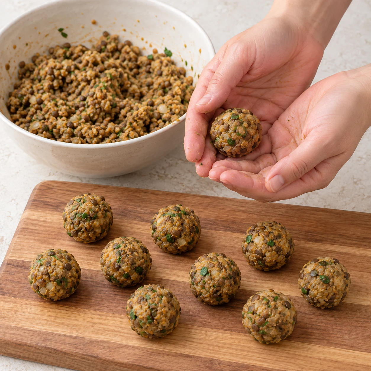 Deux mains adultes anonymes façonnent une petite boulette de pâte de lentilles au-dessus d’une planche stable.