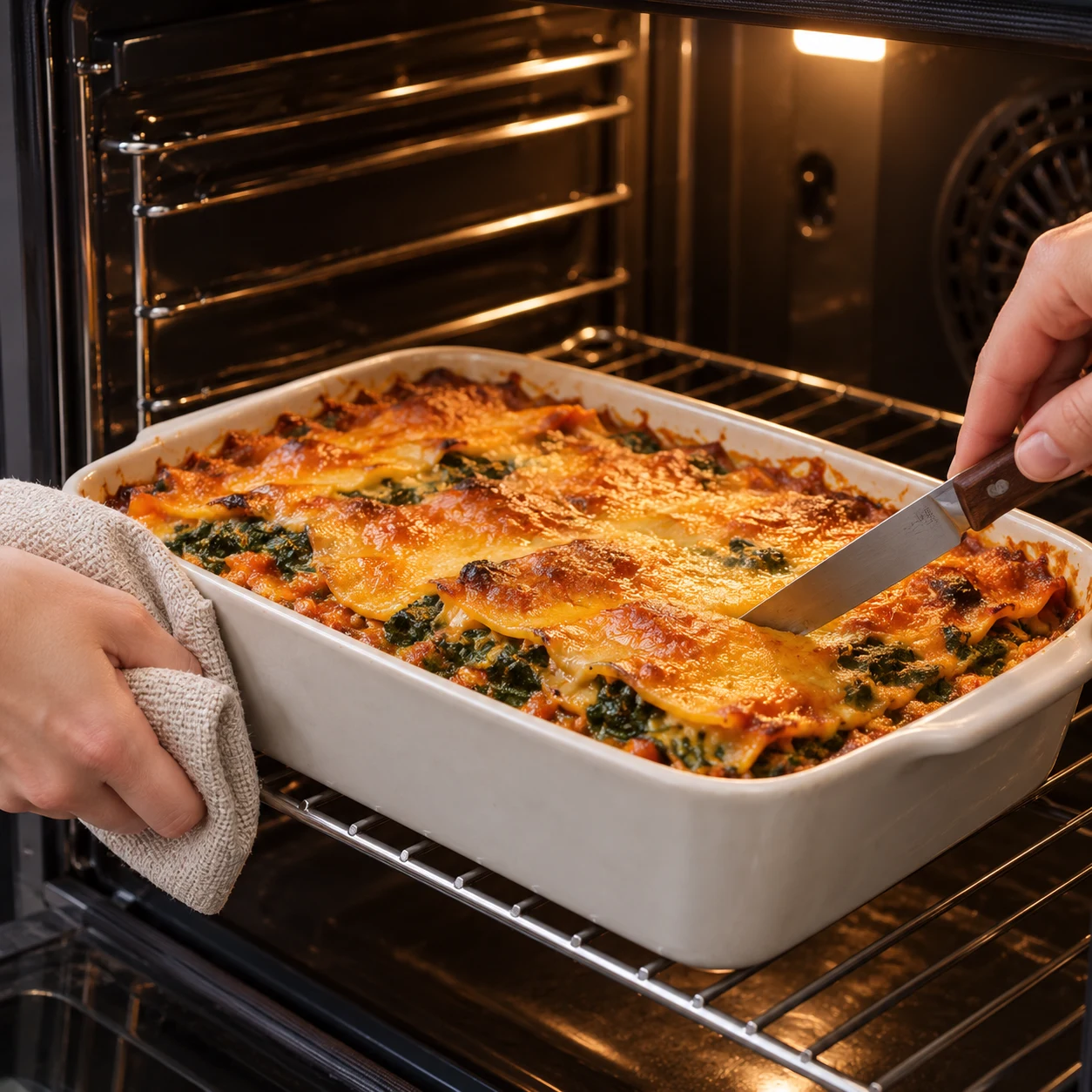 Plat de lasagnes vert et orangé enfourné dans un four à 180 °C.