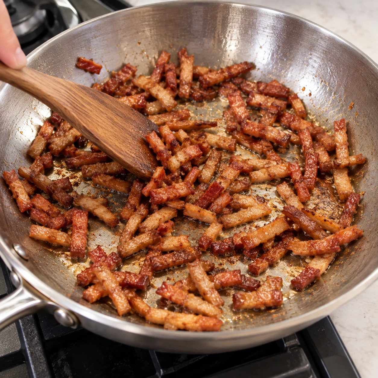 Poêler les lardons végétaux : Verse une partie des 50 ml d’huile d’olive dans une grande poêle chaude. Fais revenir les lardons végétaux en plusieurs fournées selon les indications de préparation du produit, puis réserve-les. Repère final : Les lardons végétaux sont dorés et légèrement croustillants à la surface.