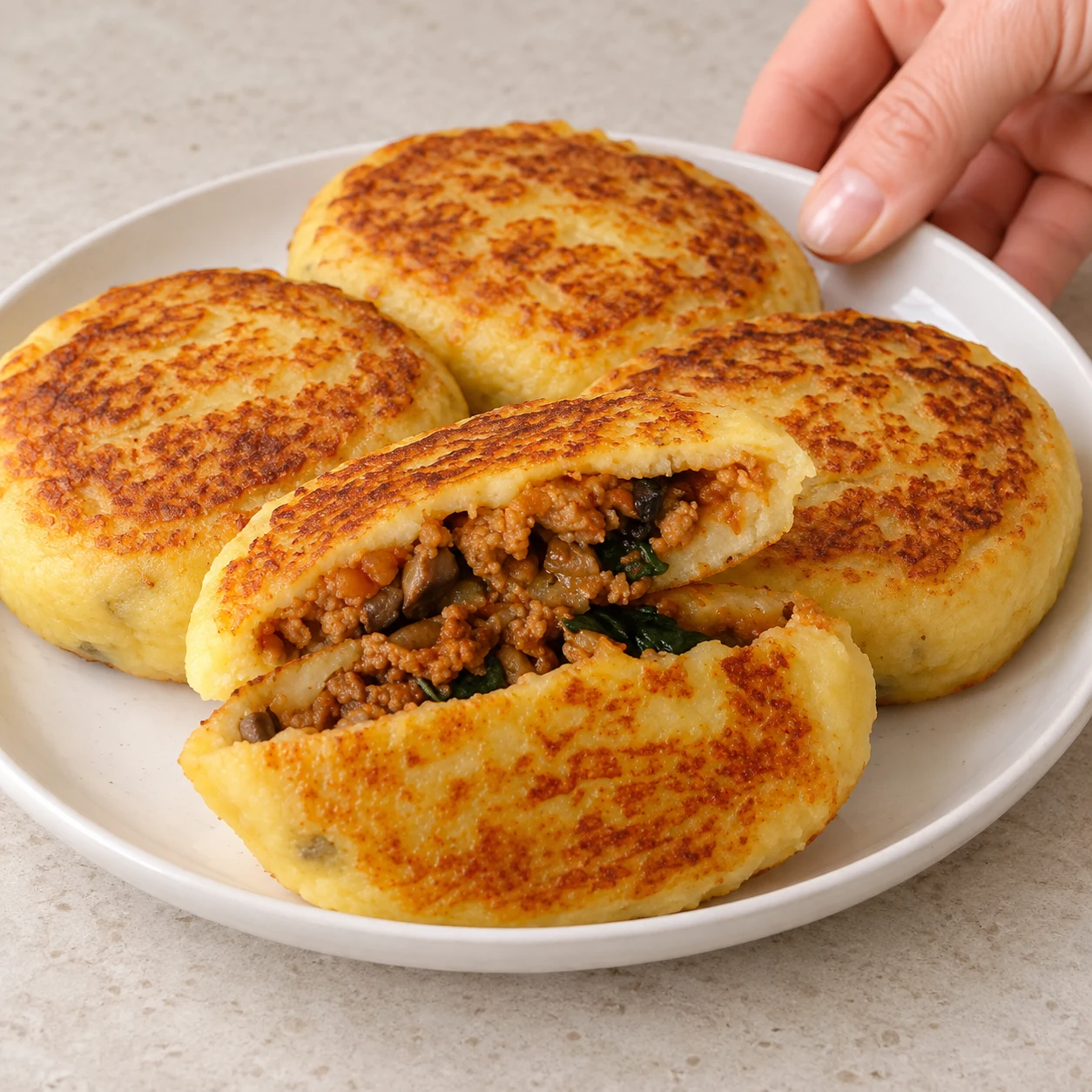 Sers les galettes chaudes. La farce doit rester moelleuse à l’intérieur de la croûte dorée. Montrer le geste et l’état attendu : La coupe révèle une farce moelleuse entièrement entourée de pâte cuite.