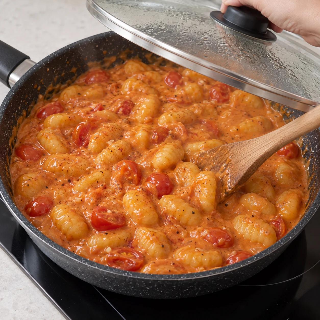 Poêle de gnocchis en sauce orange, couvercle entrouvert pour remuer.
