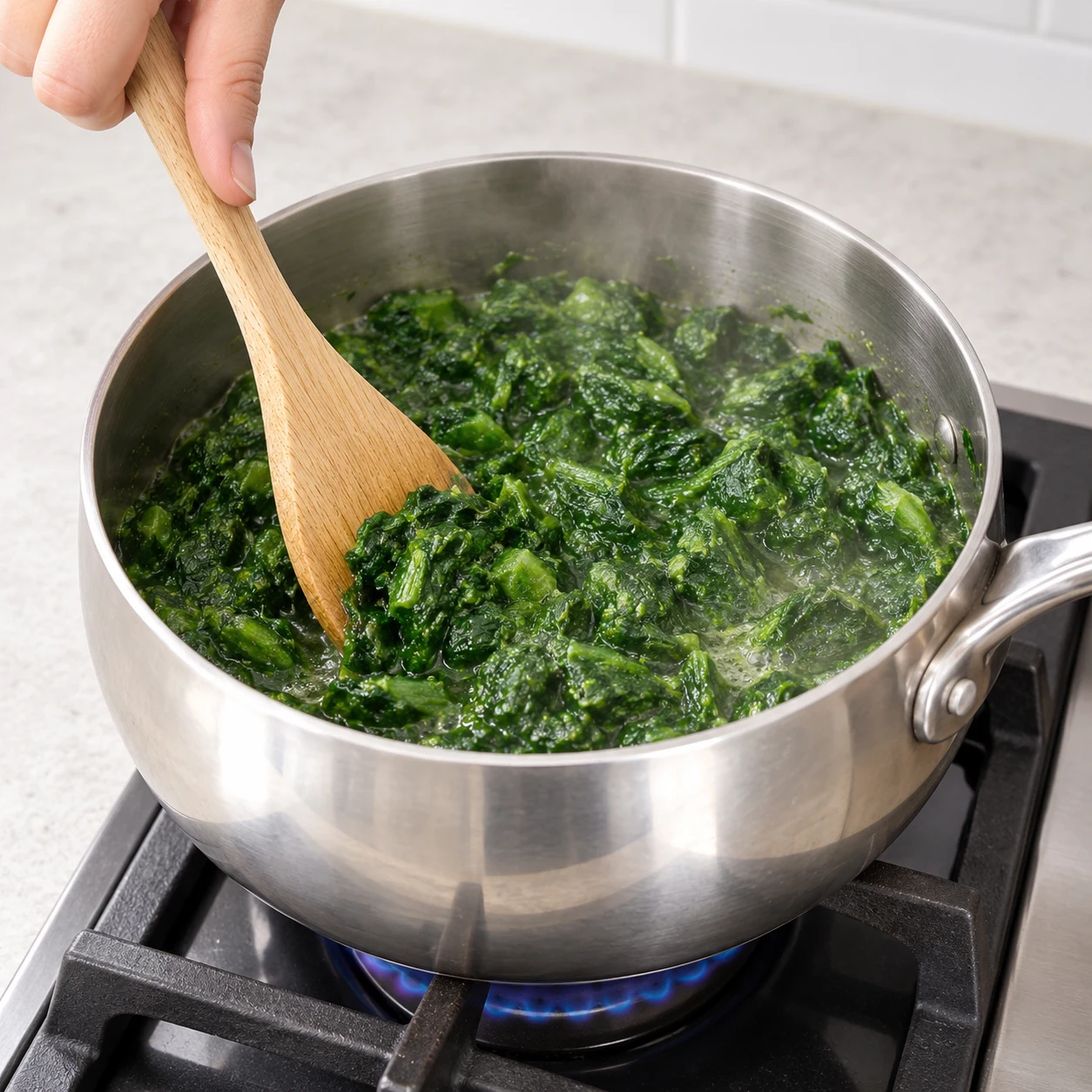 Épinards hachés surgelés en blocs vert vif dans une casserole inox sur le feu, remués à la cuillère en bois.