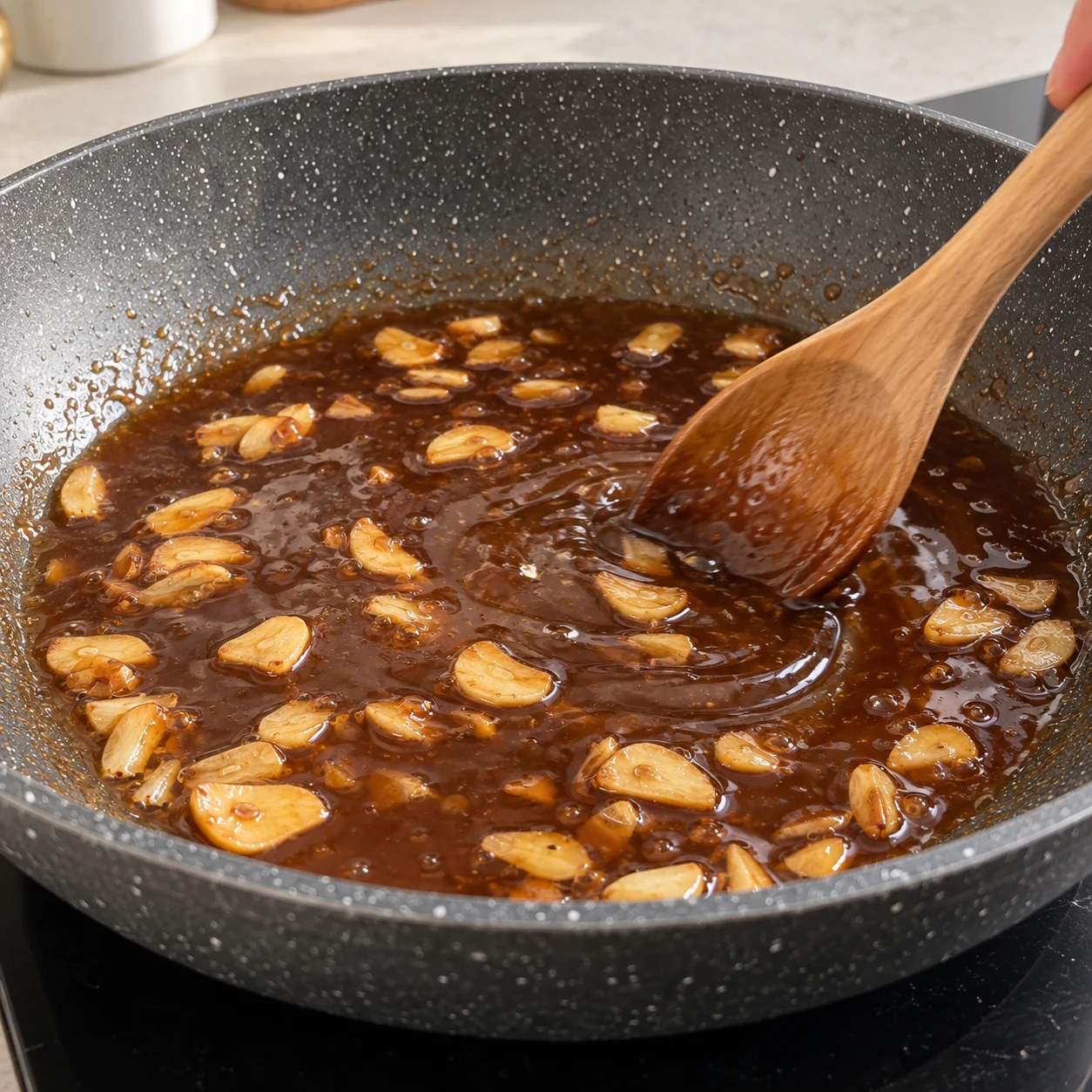 Ajoute la cuillère à soupe de sauce soja, les 2 cuillères à soupe de vinaigre de cidre et les 3 cuillères à soupe de sirop d’agave à l’ail. Mélange. Résultat : Les liquides forment une sauce homogène autour de l’ail.
