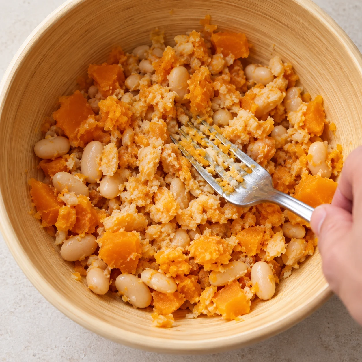 Fourchette écrasant haricots et courge orange, texture grossière.