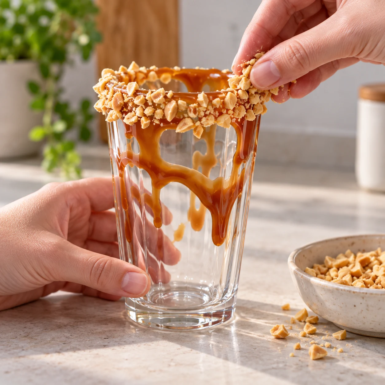 Fais adhérer les éclats de cacahuètes au caramel sur le bord du verre.