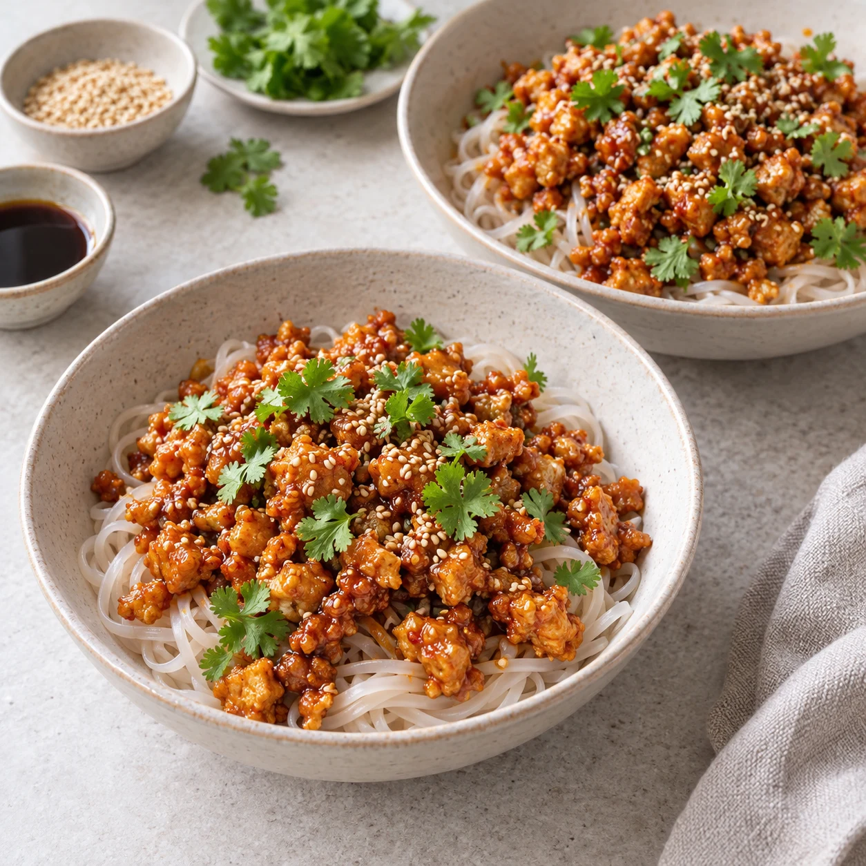 Deux portions de nouilles de riz claires surmontées de tofu émietté rouge doré, coriandre et sésame.