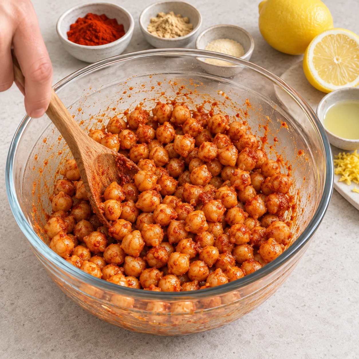 Photographie d’une seule action : Dans un bol, mélange les pois chiches entiers avec le paprika, le gingembre moulu, l’ail en poudre selon le goût et un peu du jus du citron ; réserve le reste du jus et le zeste pour la sauce. Résultat attendu : Les pois chiches sont uniformément enrobés d’une marinade rouge-orangée. Adaptation entièrement végane ; pois chiches entiers, aucun crustacé ni produit laitier.