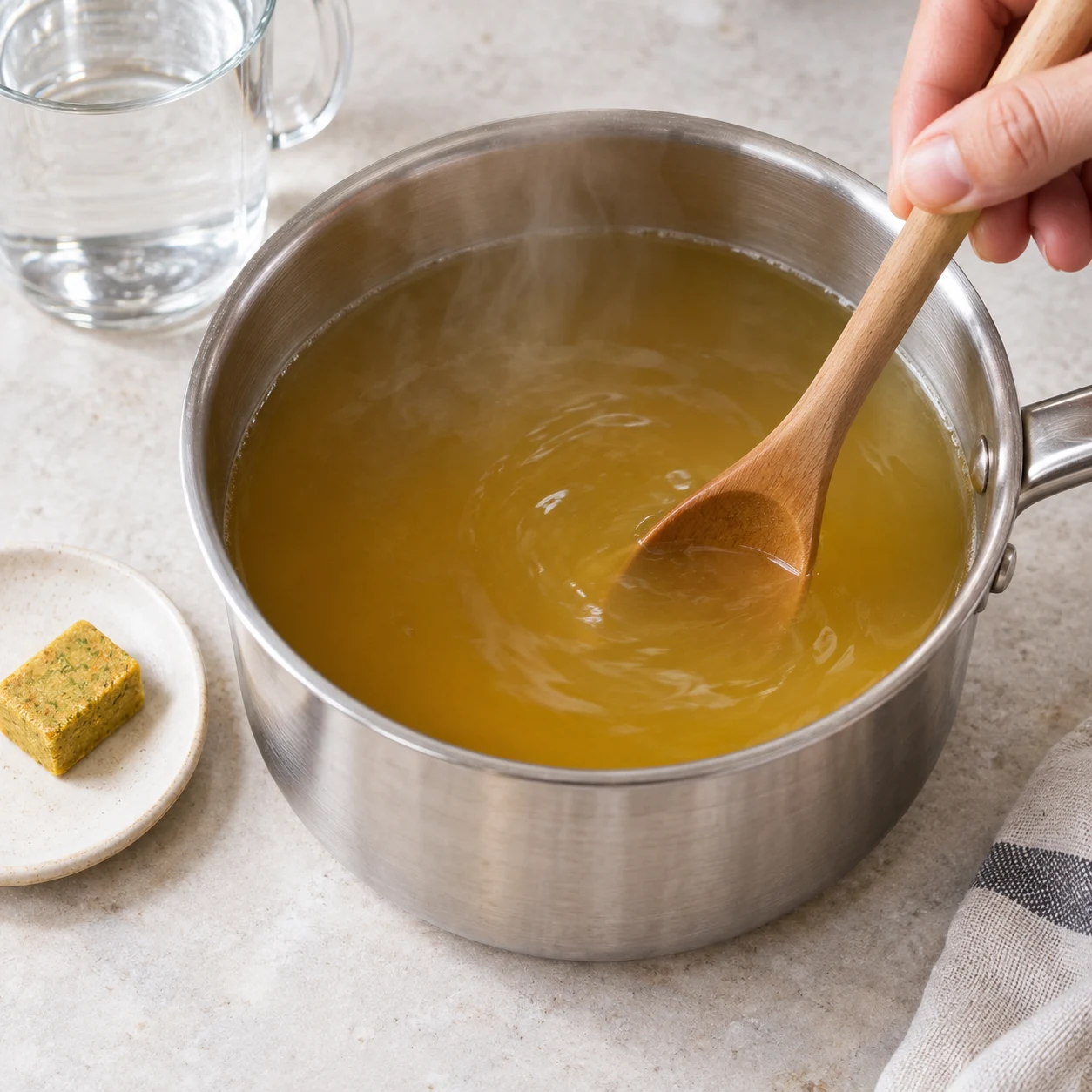 Préparer le bouillon chaud. Le bouillon est liquide et les morceaux de cube sont dissous.. Reproduire une seule action, ingrédients exacts et phase exacte. Adapter les crevettes visibles en pois chiches cuits entiers uniquement après son ajout. Aucun ingrédient futur.