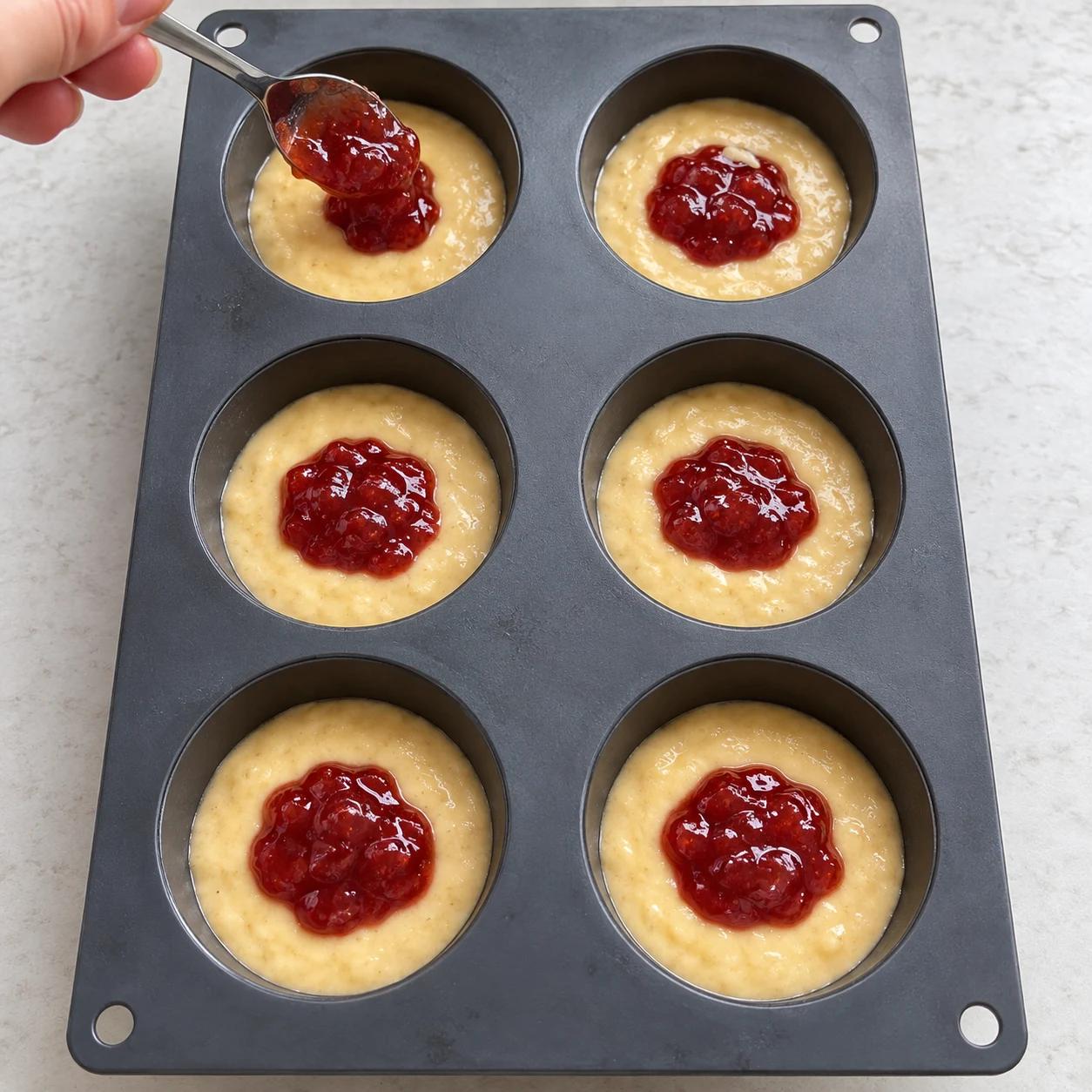 Une petite cuillère dépose un cœur rouge de confiture dans chaque base, six cœurs fraise, aucun chocolat.