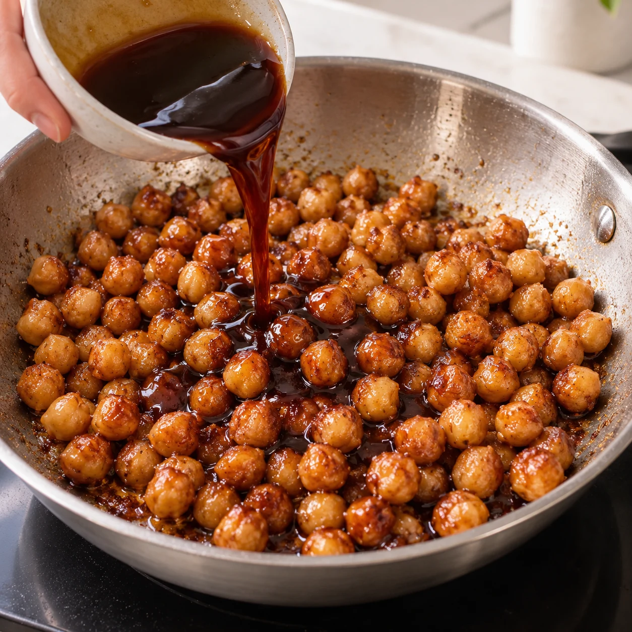 Versement de sauce teriyaki sur les pois chiches doré dans la poêle.