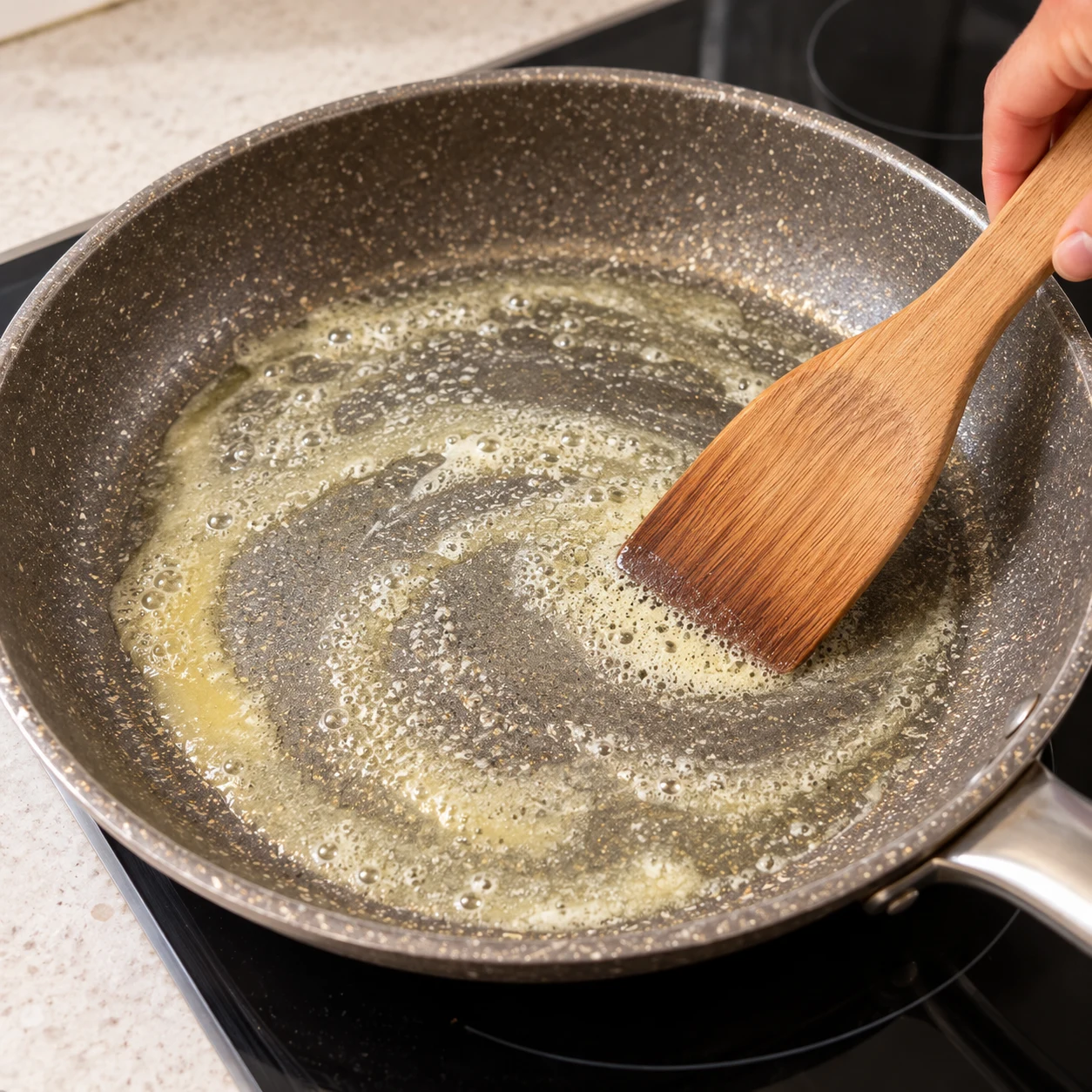 Poêle vide avec fine pellicule de margarine végétale fondue ; aucun carré, oignon ou autre ingrédient encore ajouté.