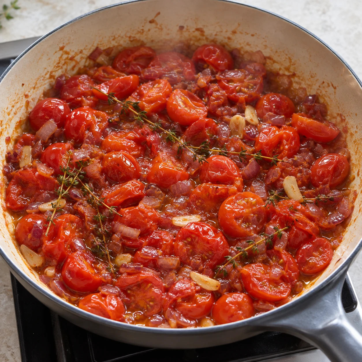 Photo culinaire carrée en lumière naturelle : compotée dense de demi-tomates cerise affaissées avec oignon rouge, ail et branches de thym, aucun pois chiche encore visible, aucun texte, aucune marque.