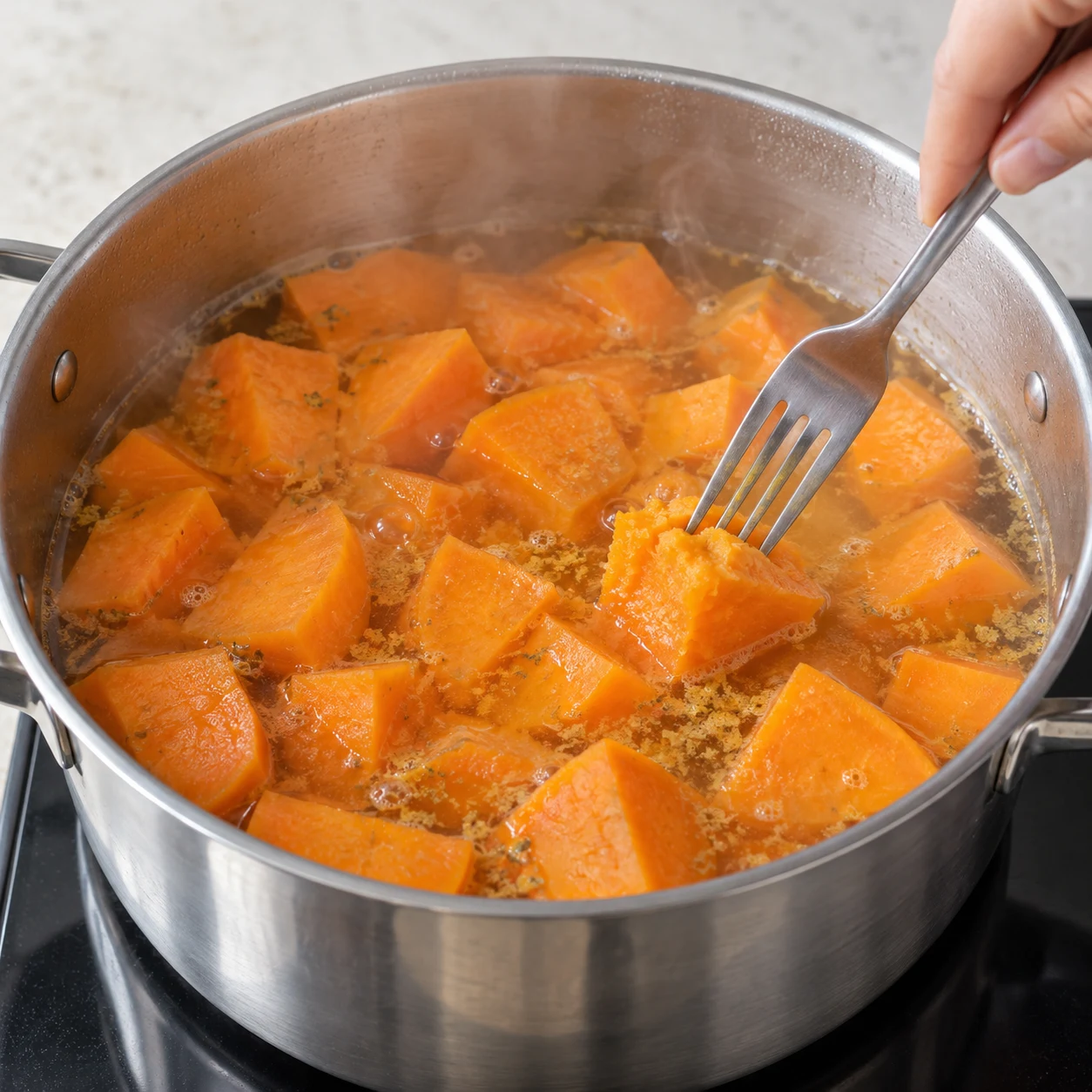 Morceaux de patate douce orange dans une casserole inox avec eau et bouillon de légumes, légère vapeur.