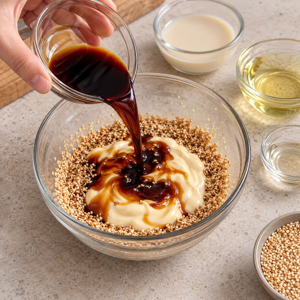 Sauce soja salée brune versée dans le bol de sésame et d’émulsion végétale.