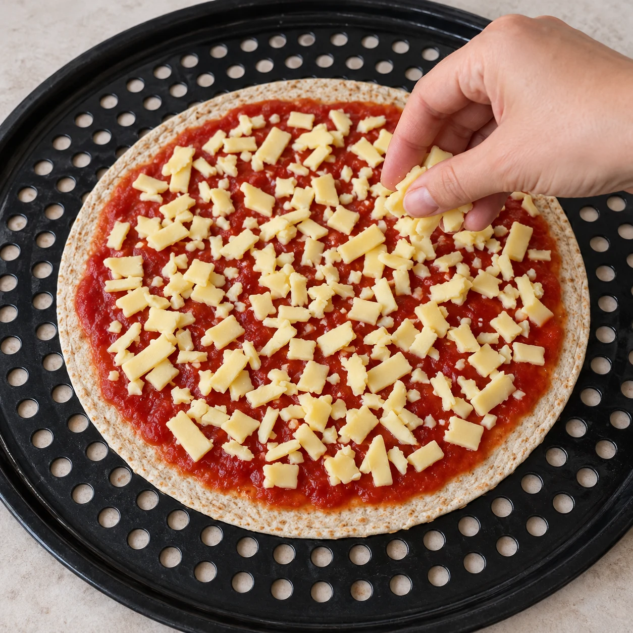 Main répartissant petits morceaux jaune pâle sur la couche supérieure de tomate, sans chorizo visible sur le dessus.