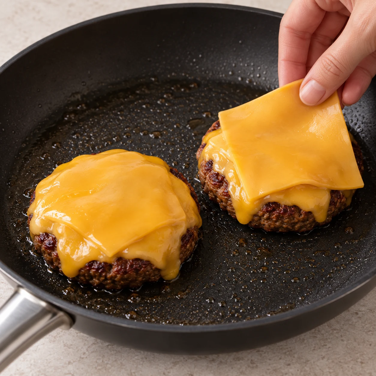 Deux steaks végétaux avec des tranches végétales jaune orangé à saveur cheddar qui fondent.