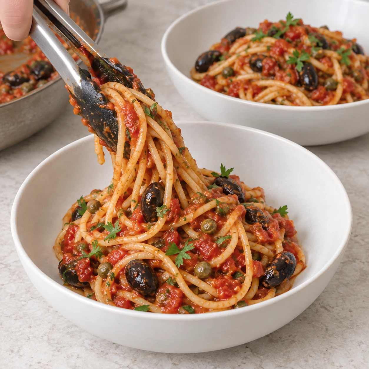 Spaghetti à la sauce rouge servis dans une assiette creuse blanche, olives noires et persil.