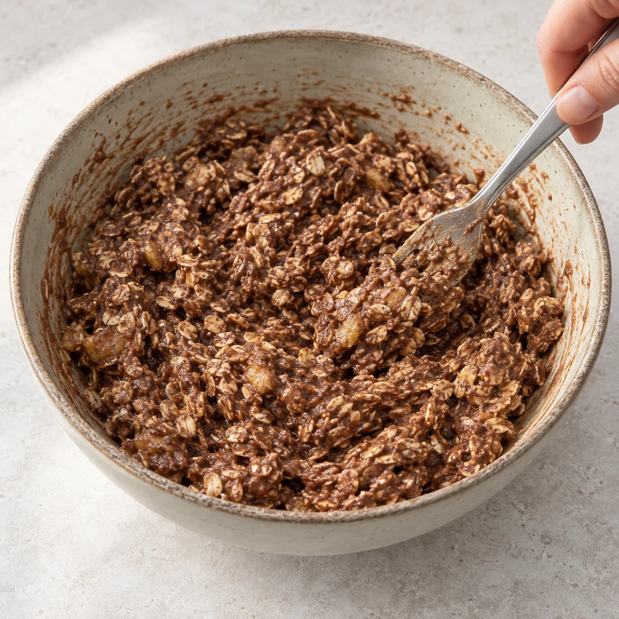 Fourchette mélangeant une masse brune humide à flocons ; compote et poudre d’amande intégrées, aucun œuf ni whey.