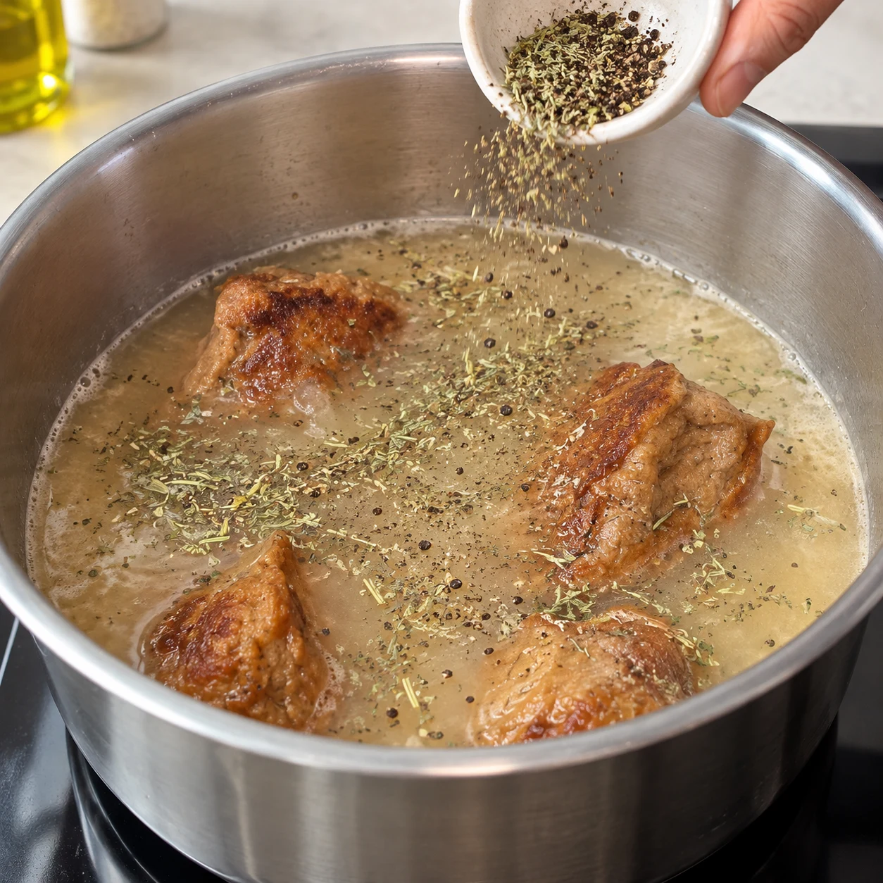 Ajoutez les herbes de Provence et le poivre au bouillon, selon le goût. Une seule phase, aucun autre ingrédient.