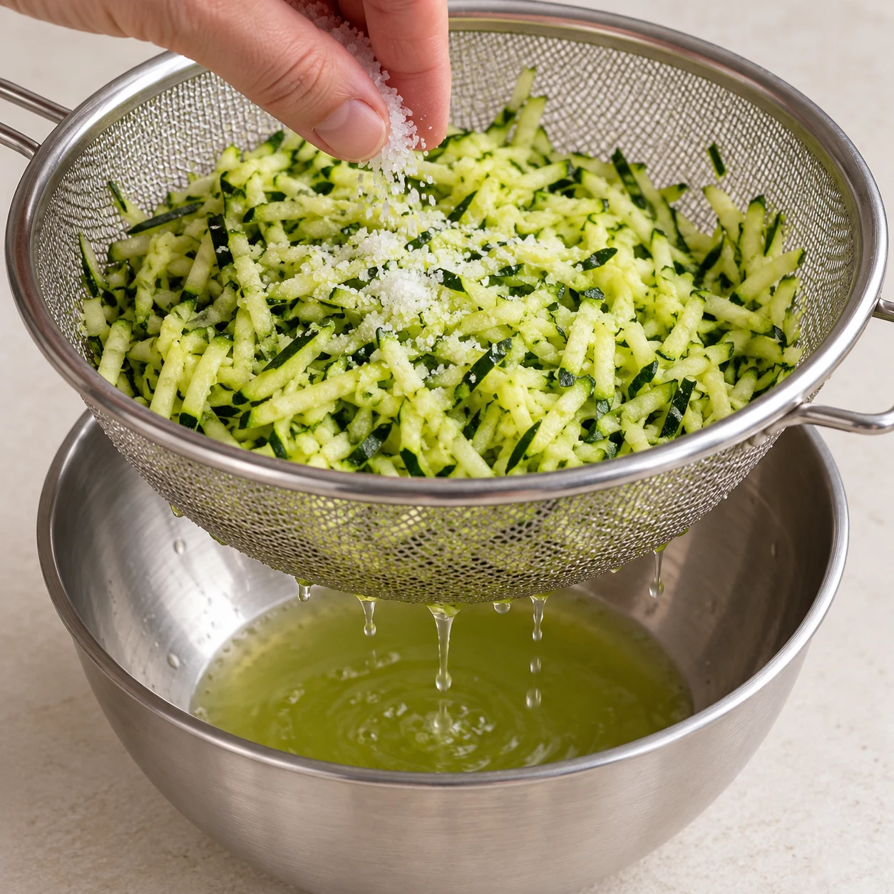 Courgette râpée dans passoire au-dessus d’un bol, eau écoulée.