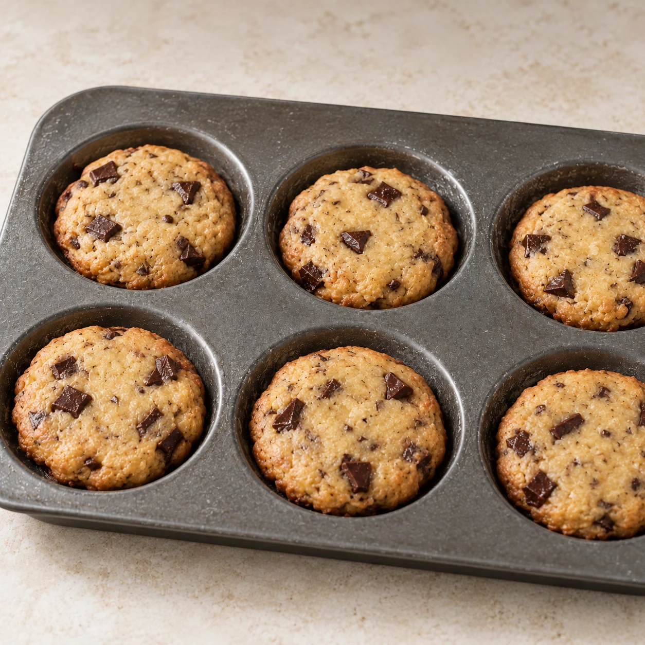 Des cookies banane chocolat tiédis sont démoulés sur une assiette neutre.