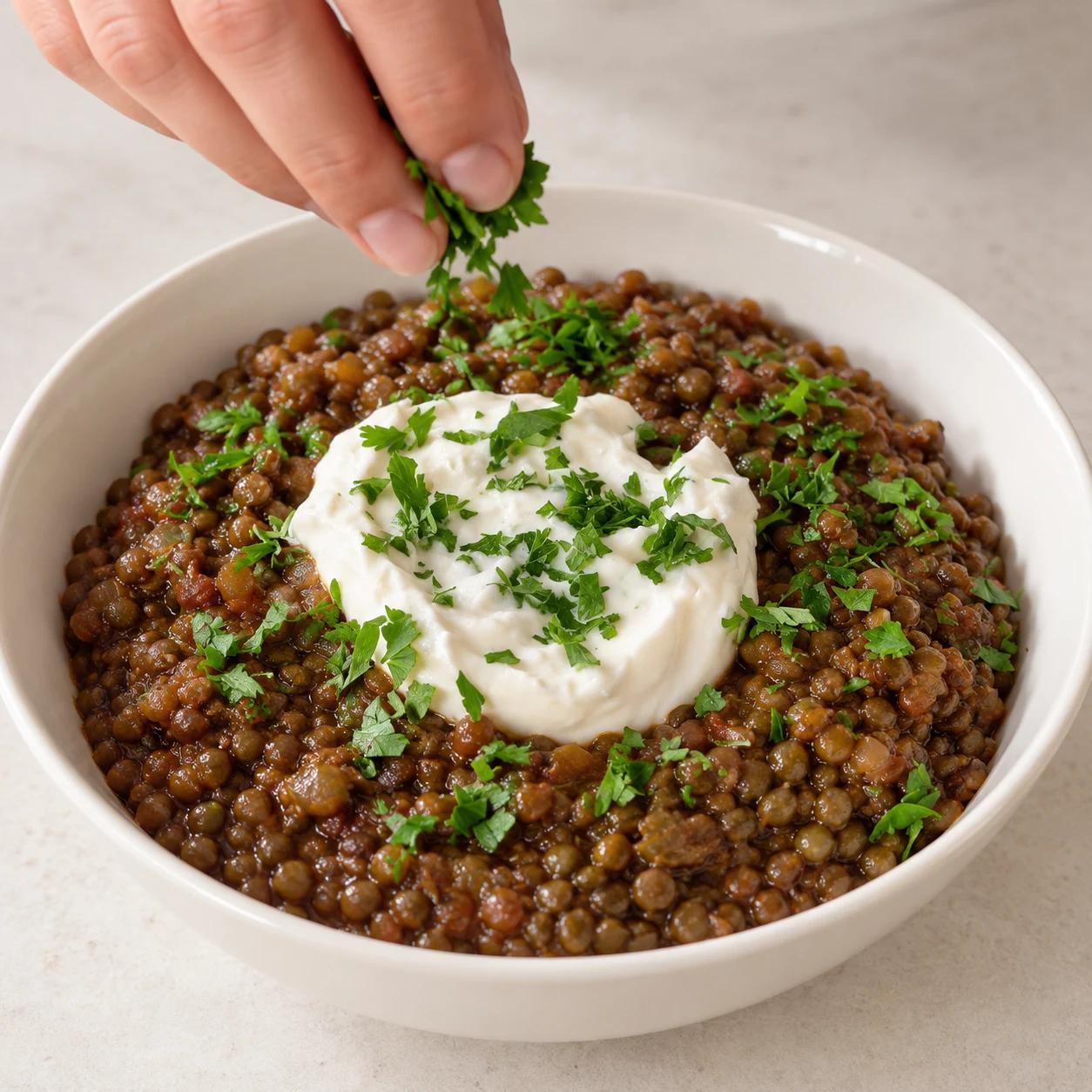Main adulte anonyme parsemant du persil frais sur les lentilles et leur garniture de soja.