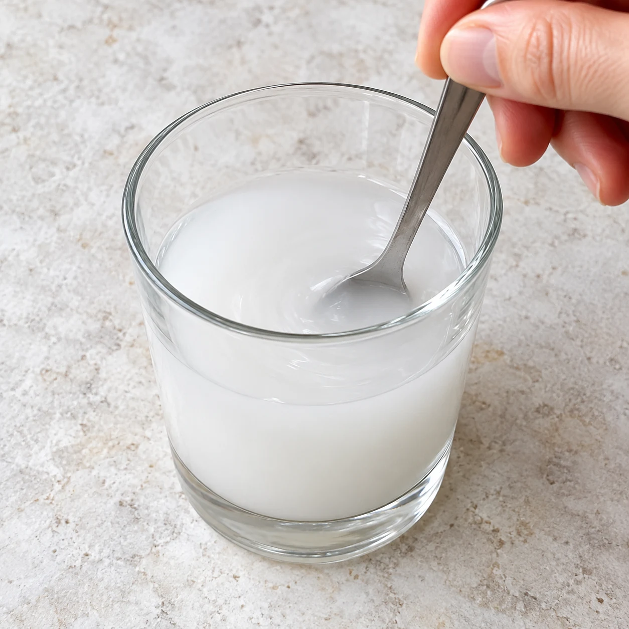 Une cuillère délaye la fécule dans un verre d’eau froide trouble, aucun ingrédient futur.