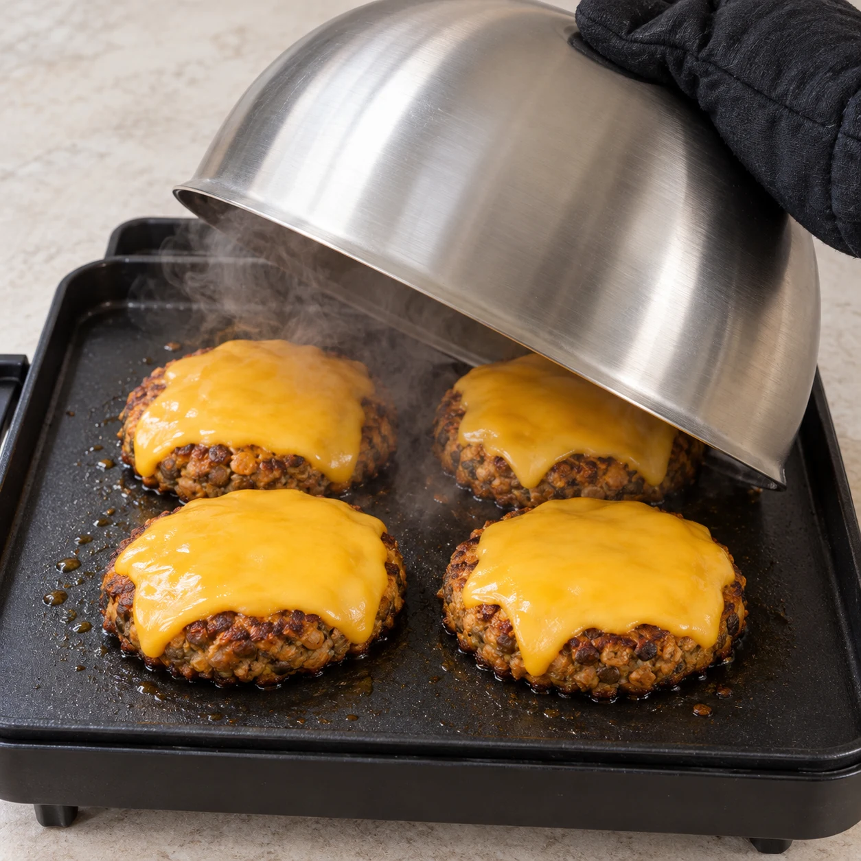 Cloche métallique couvrant les steaks garnis de tranche végétale au cheddar sur plaque.