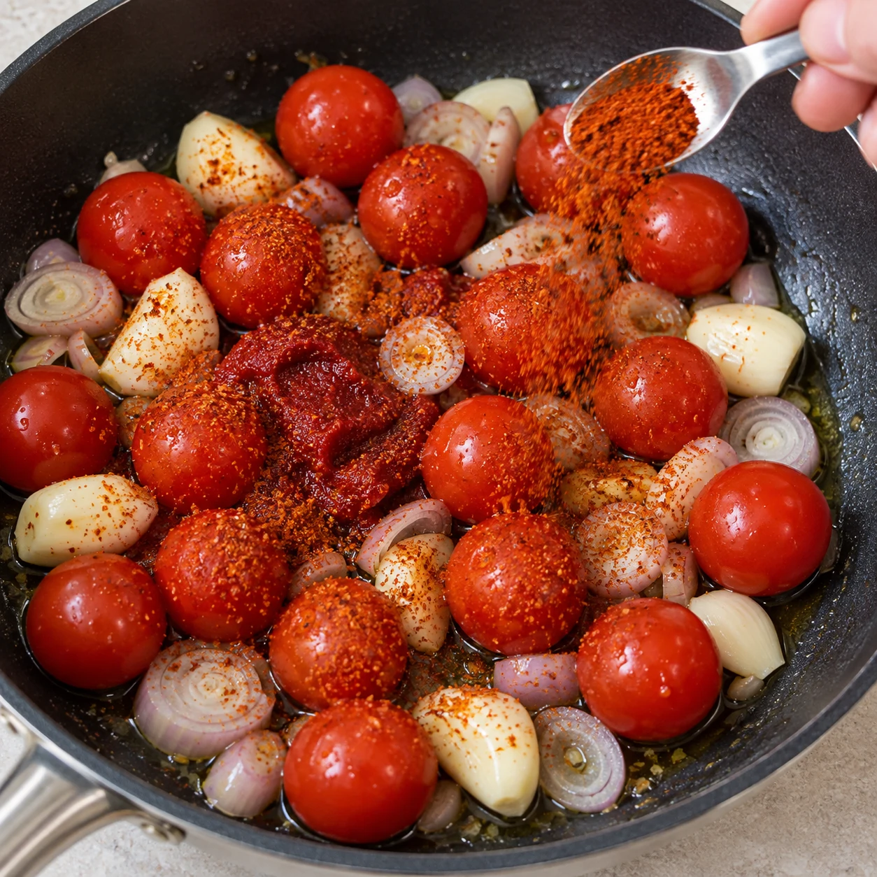 Parsème les tomates de piment en poudre. Le piment est réparti sur les tomates.