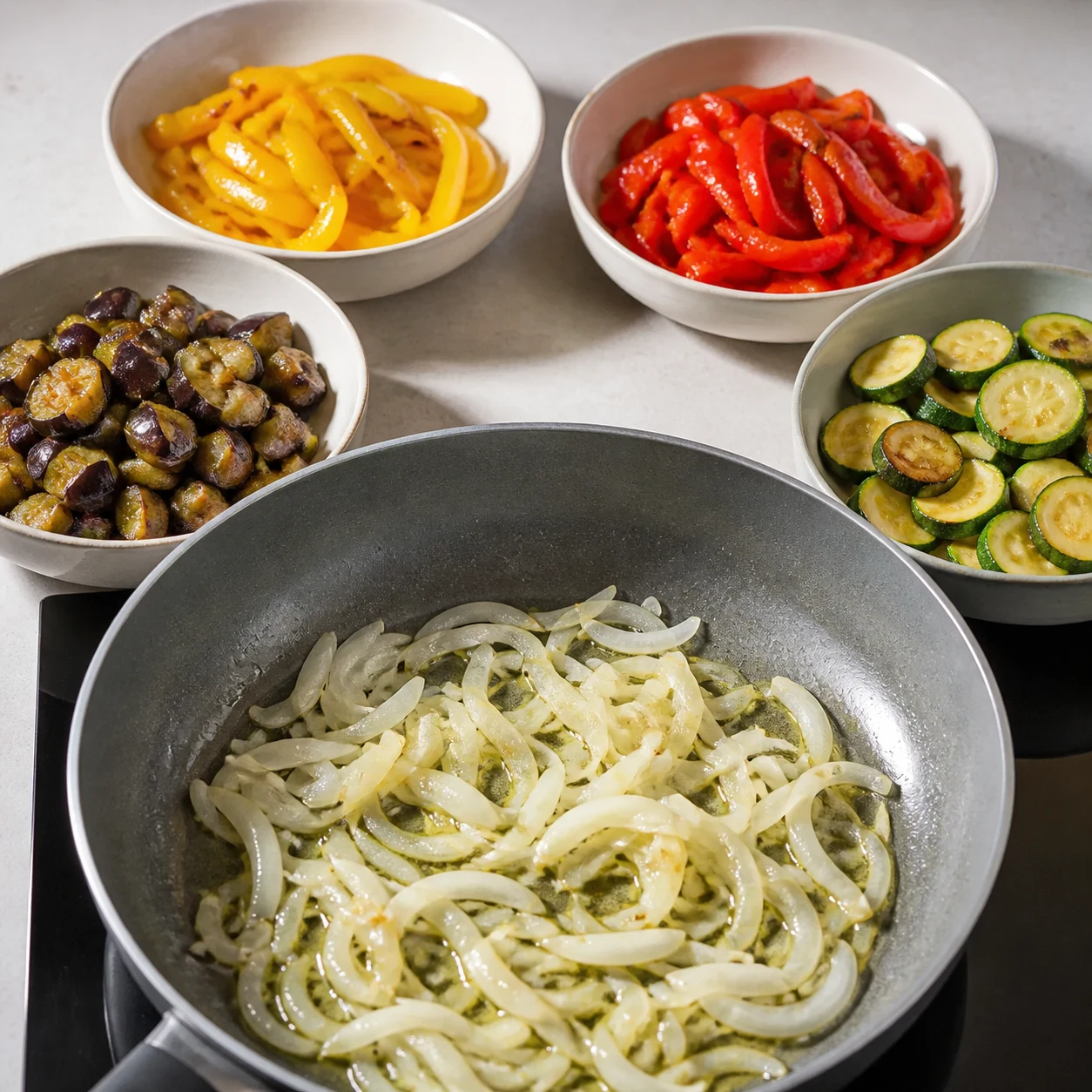 Poêle contenant des oignons fondants translucides à l’huile d’olive, avec bols séparés de poivrons, aubergines et courgettes prêts à cuire.