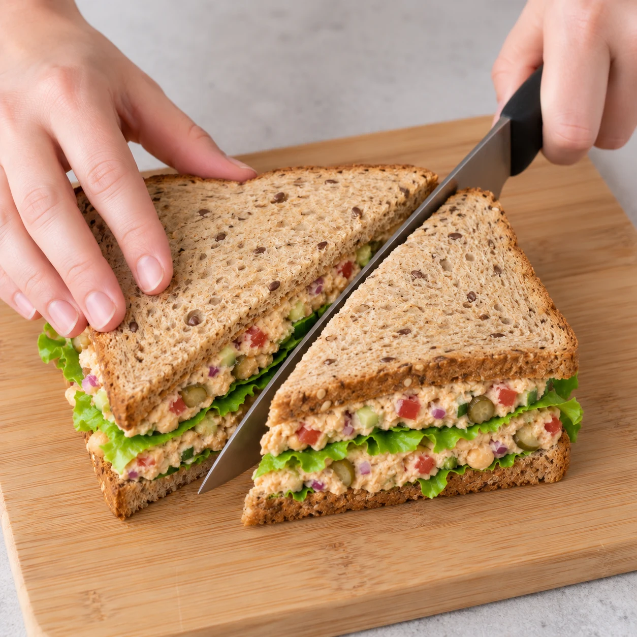 Coupez le sandwich en deux en diagonale avec un couteau, sur une planche stable. Montrer uniquement les ingrédients de cette phase sur pierre pâle, vaisselle blanche neutre.
