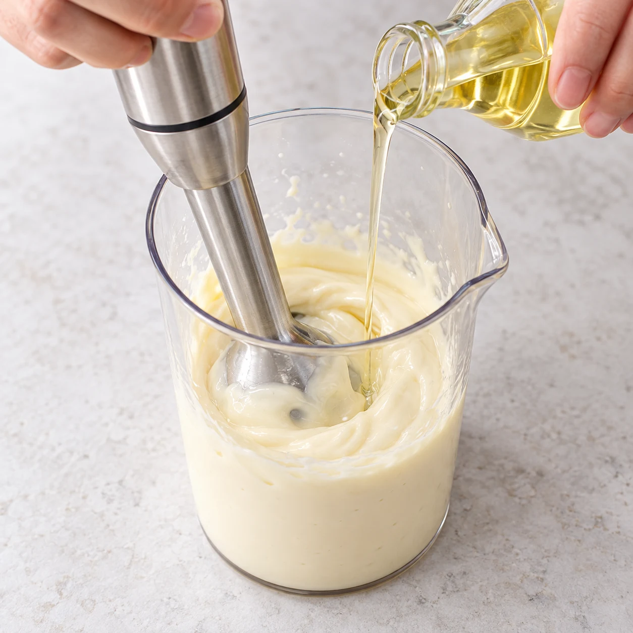 Mixeur plongeant dans une mayonnaise végétale ivoire épaisse, mince filet d’huile de tournesol.