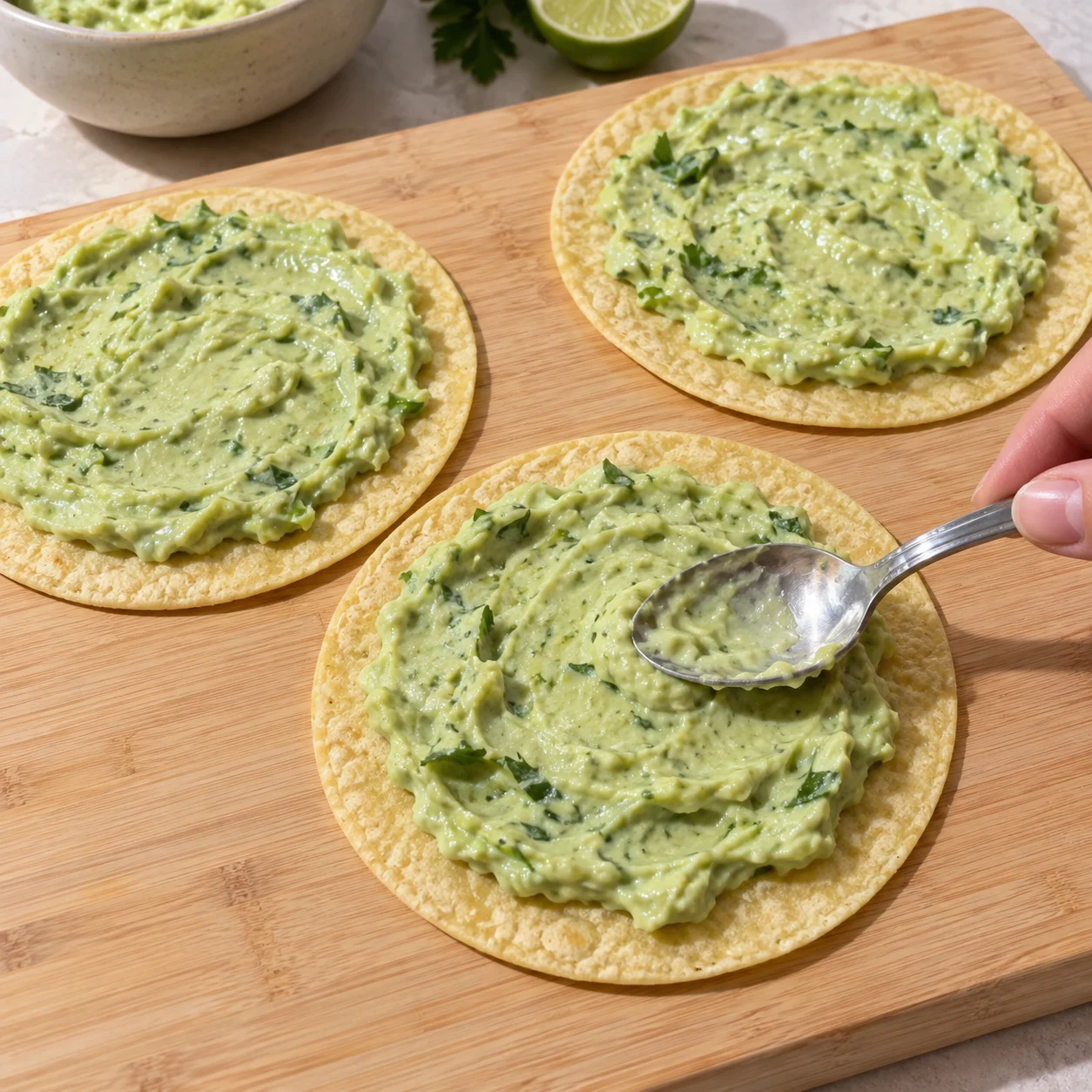 Cuillère étalant la crème verte sur trois petites tortillas souples, sans tofu nature ni toppings.