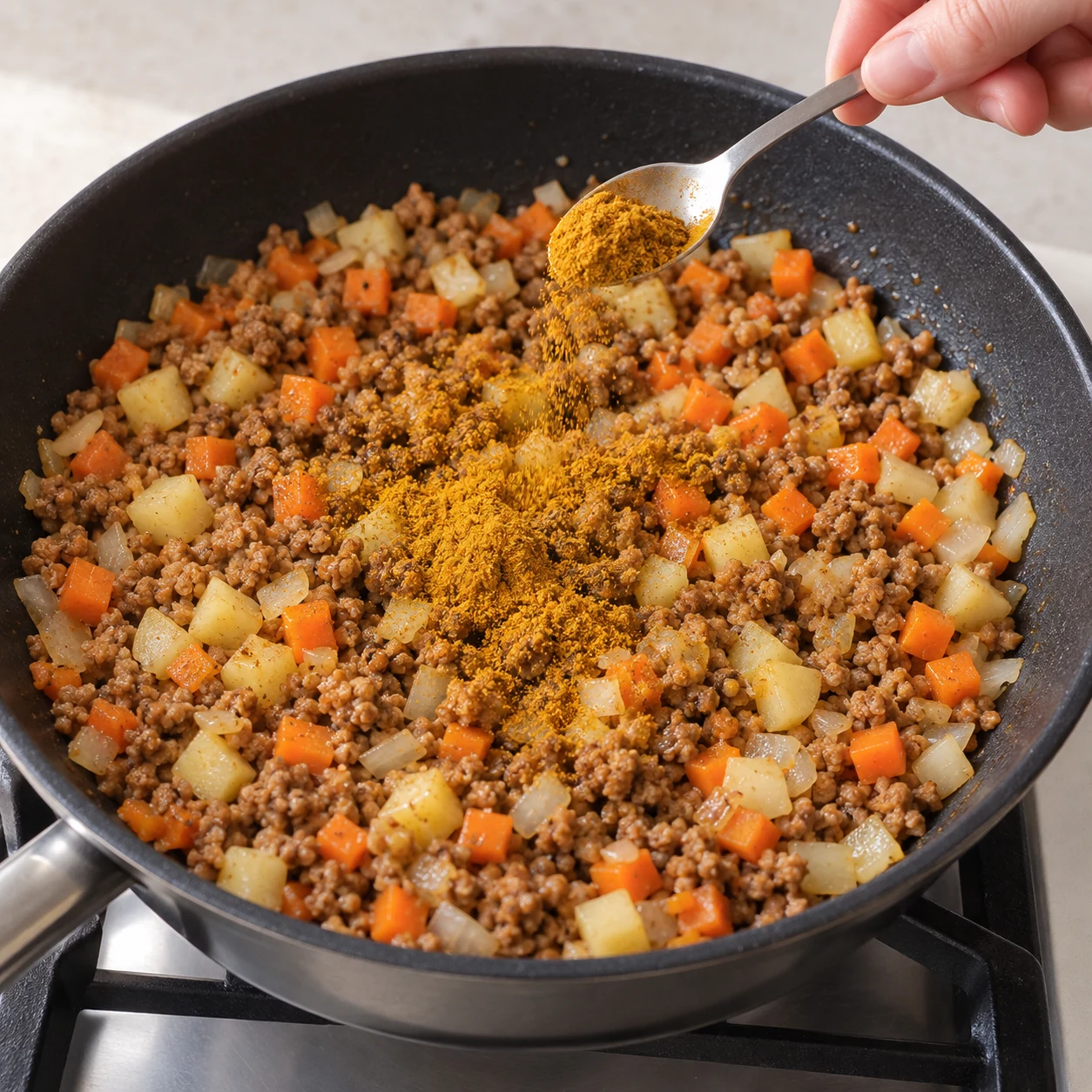 Ajouter le curry : Le curry est réparti sur la farce.