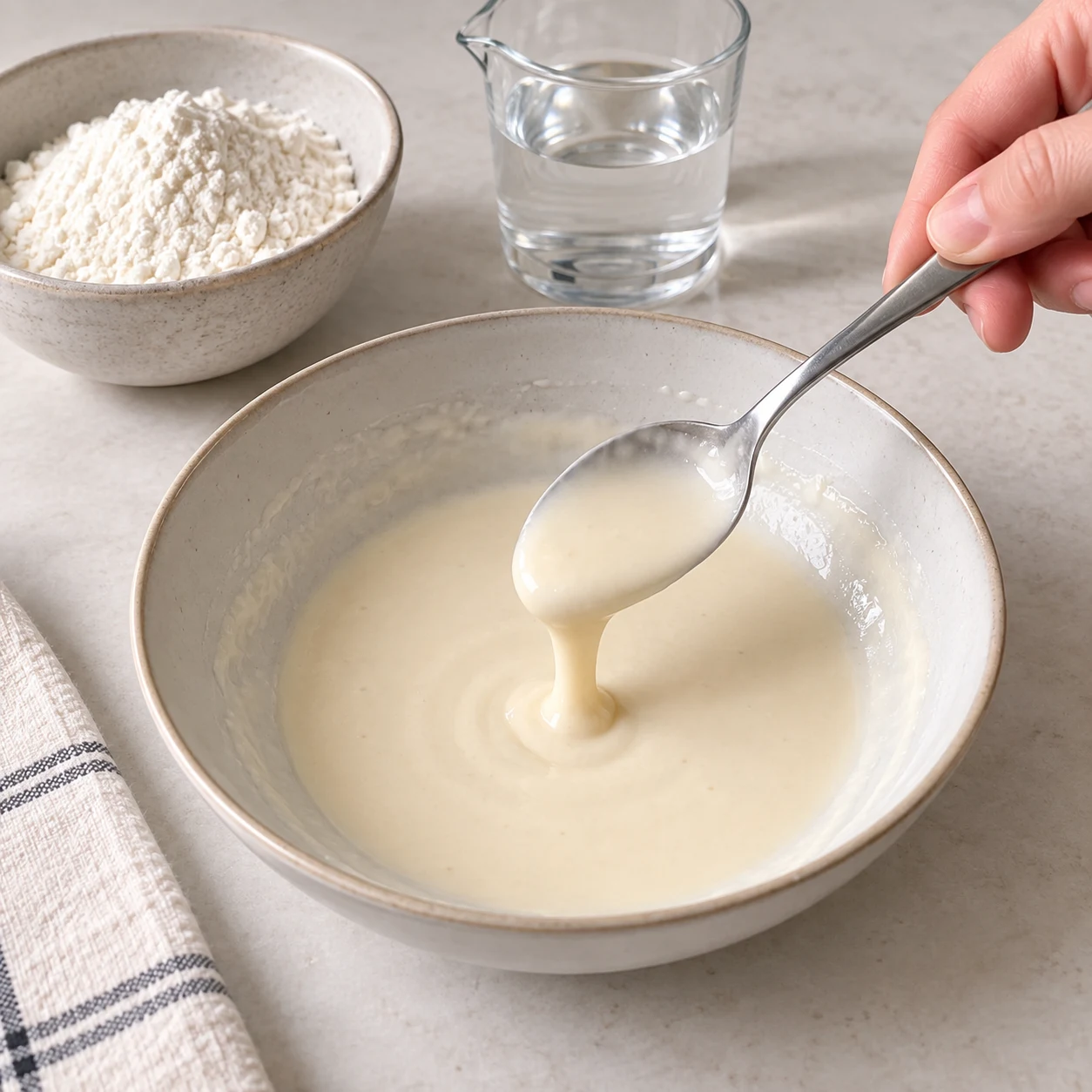 Cuillère remuant une pâte fluide de farine et d’eau dans une assiette.