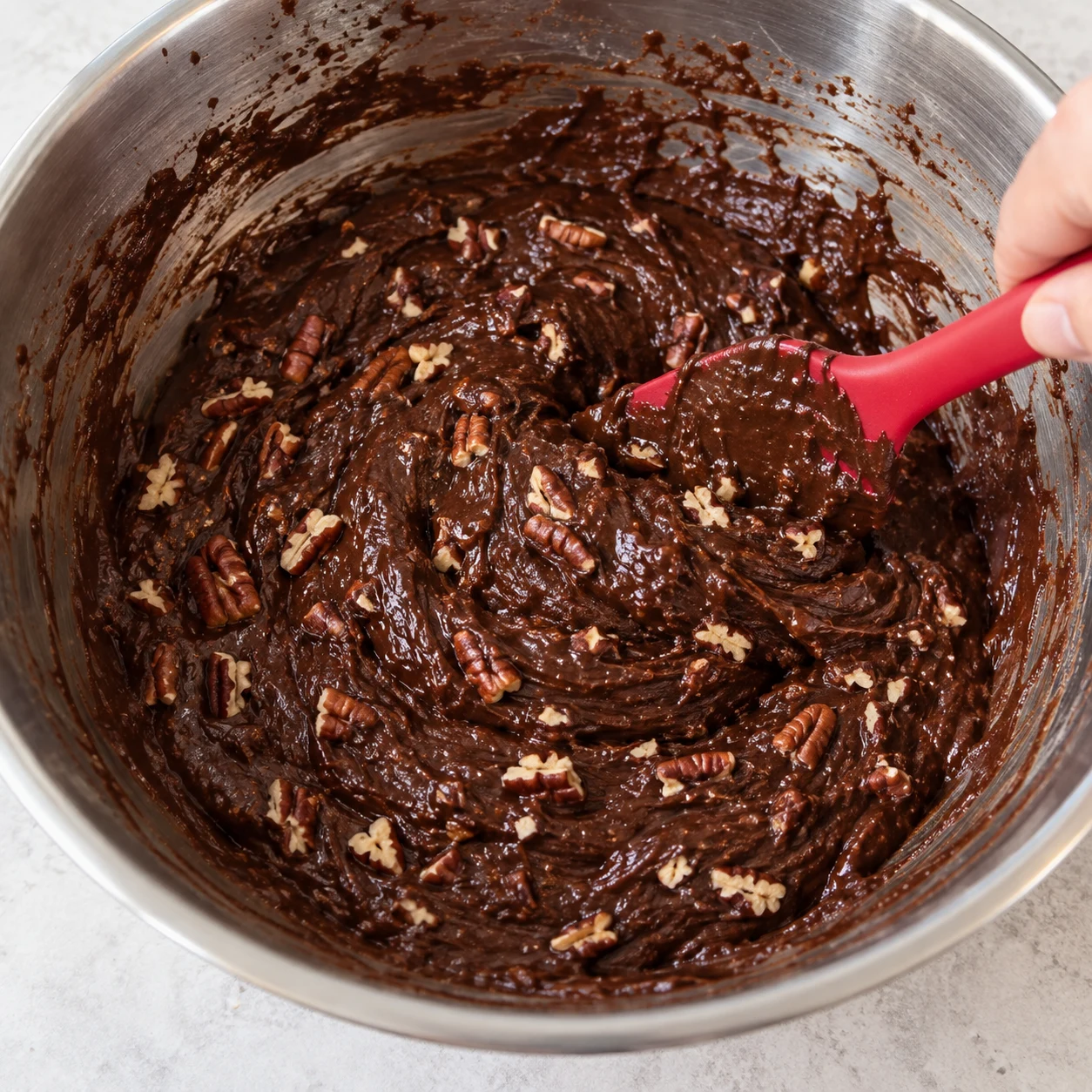 Spatule incorporant les noix de pécan à la pâte chocolatée. Chocolat noir à 70 %, couleur sombre ; adaptation documentée de la source.
