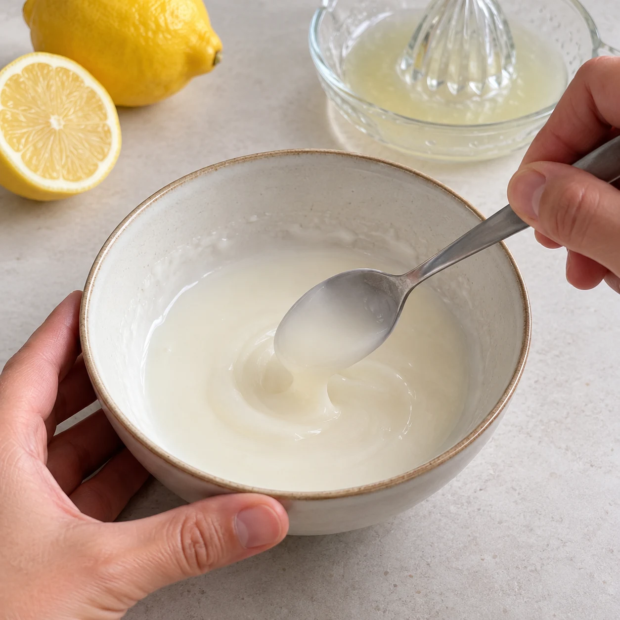 Une main anonyme mélange un glaçage blanc fluide au citron dans un petit bol.