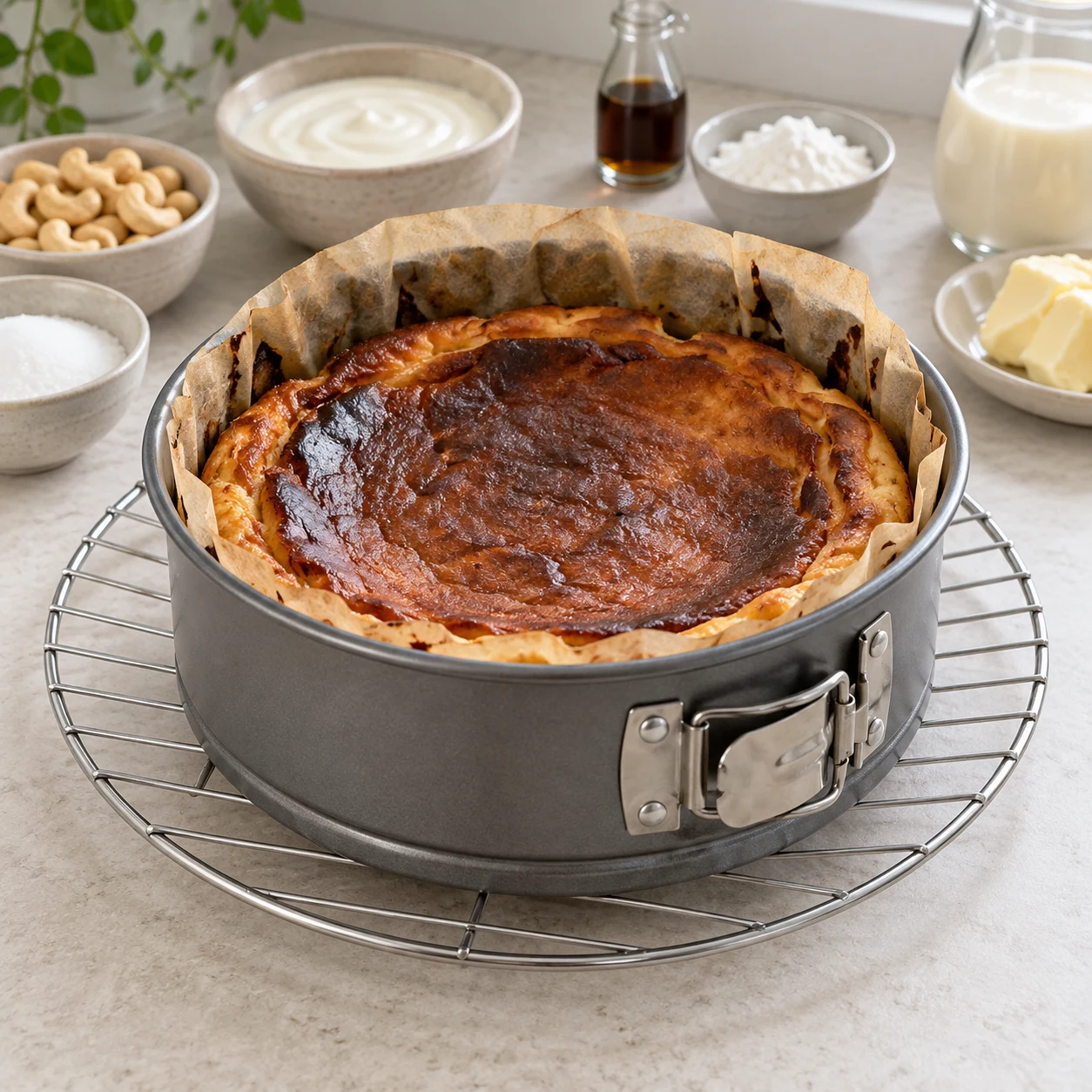 Le cheesecake brun repose dans son moule sur le plan de travail, sans mains.