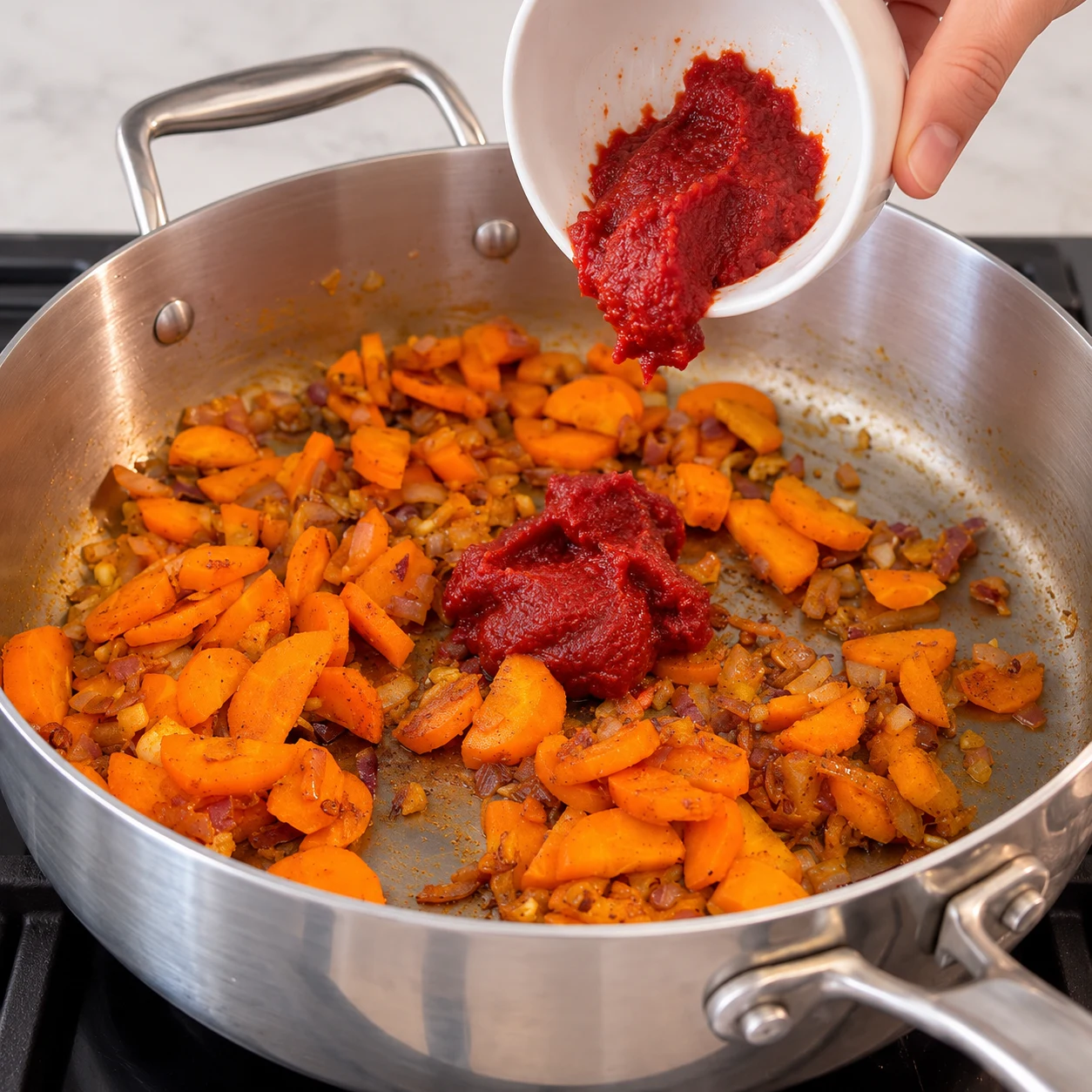 Concentré de tomates rouge épais versé dans les légumes orange, aucun haricot ni quinoa encore.
