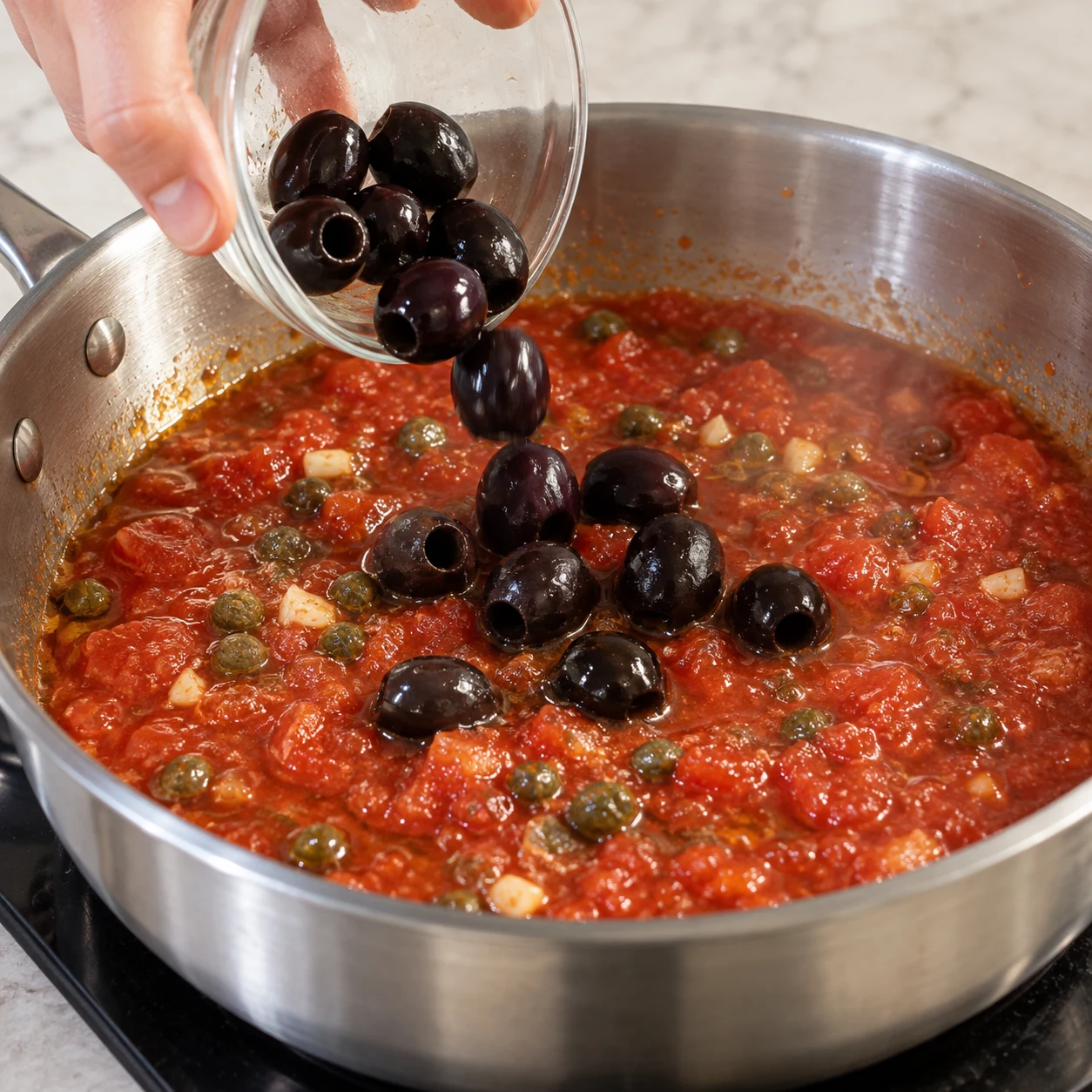 Olives noires ajoutées à la sauce tomate avec câpres.