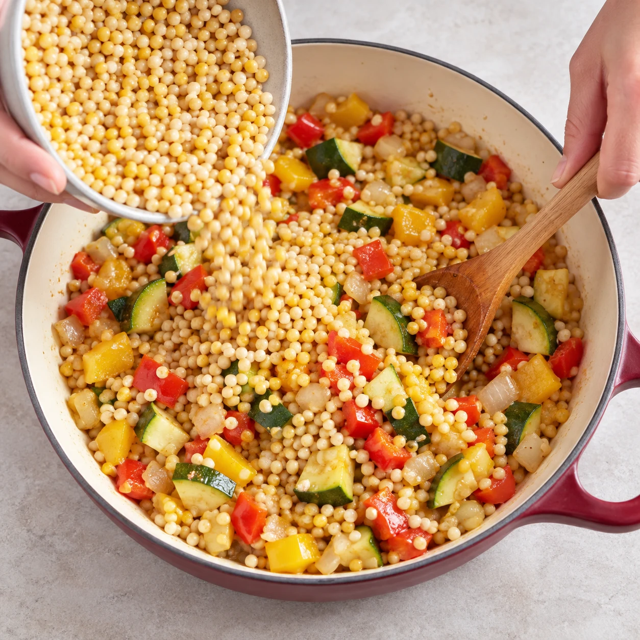 Incorpore les 300 g de perles de blé et maïs précuites aux légumes et mélange pour les enrober.