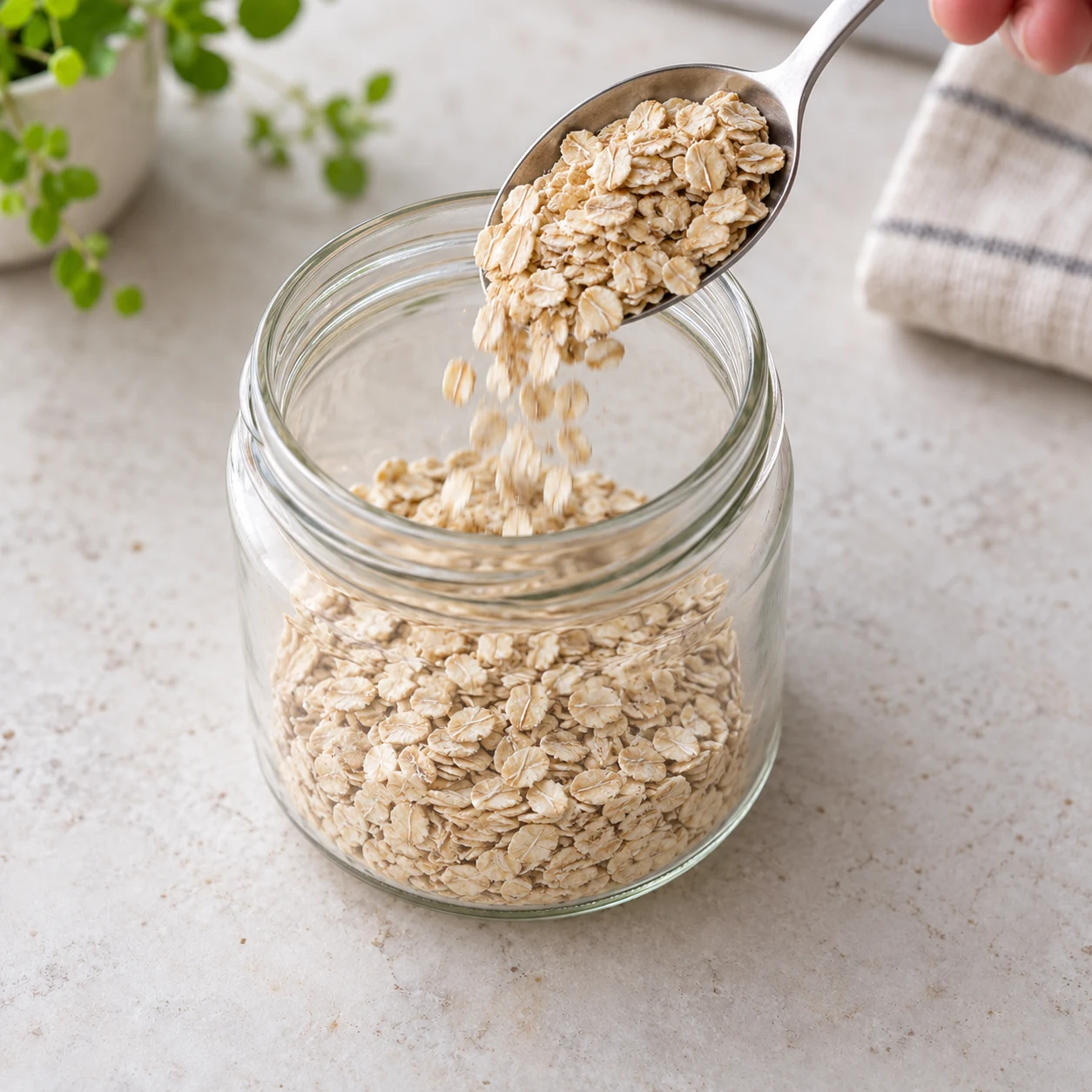 Une cuillère ajoute les 4 cuillères à soupe de flocons secs à la dose d’avoine déjà au fond ; aucun chia.