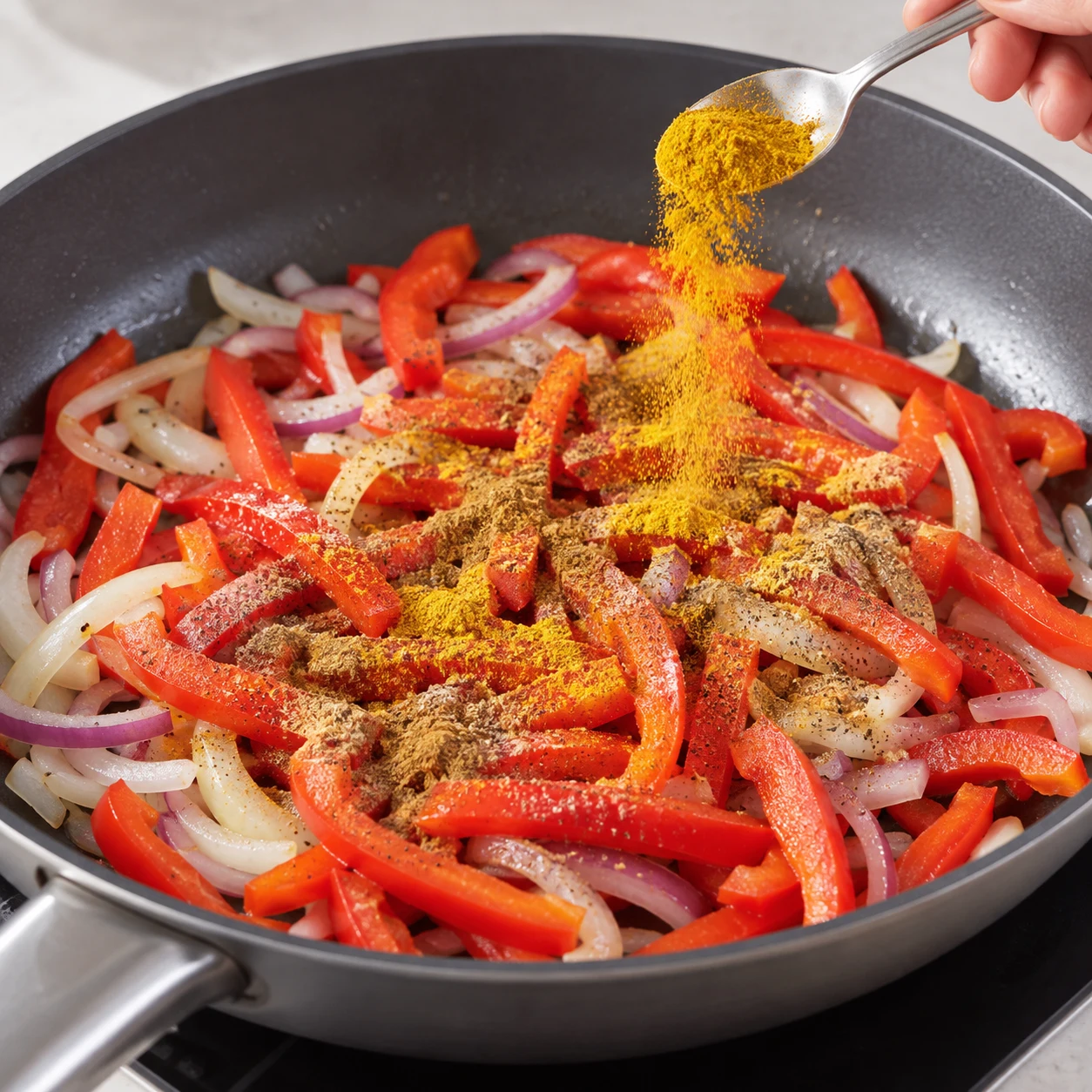 Une petite cuillère de poudre jaune au-dessus des légumes avec cumin et quatre-épices, exactement ce stade avant haché.