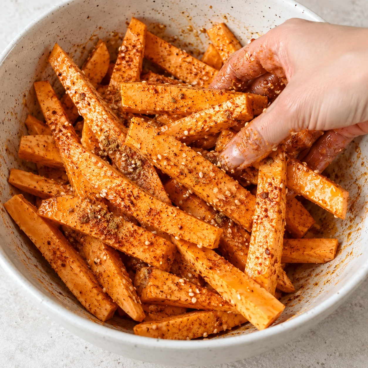 Frites crues enrobées d’huile et épices mélangées à la main dans un bol.