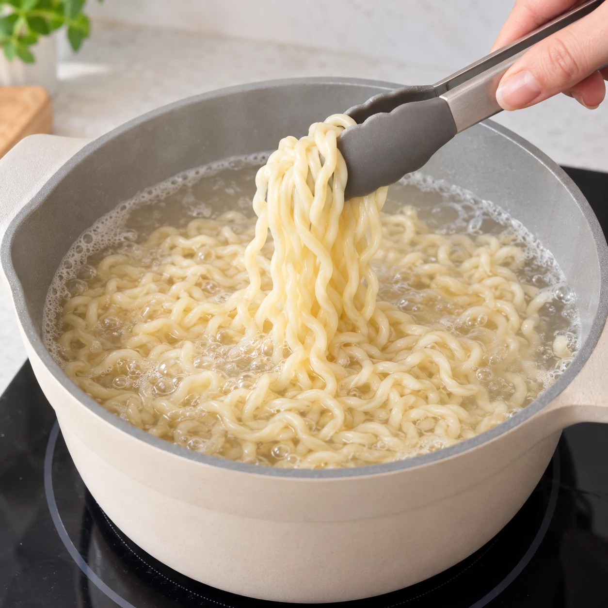 Vue rapprochée des nouilles ondulées qui cuisent dans une casserole d’eau ; aucune sauce.